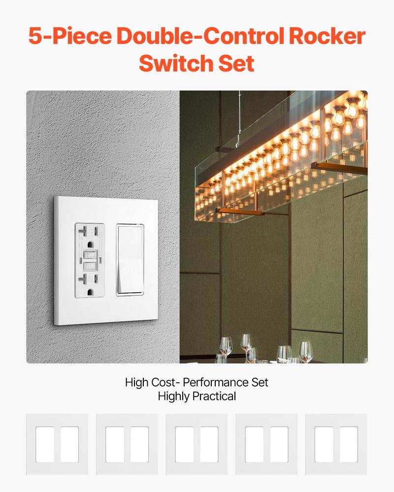 VEVOR Rocker Light Switch Wall Plates, 2-Gang Decorative Outlet Covers,Standard Size 4.57in L x 4.53in H Unbreakable Polycarbonate Thermoplastic Faceplate for Receptacle Outlet&Switch(5 Pack, White)