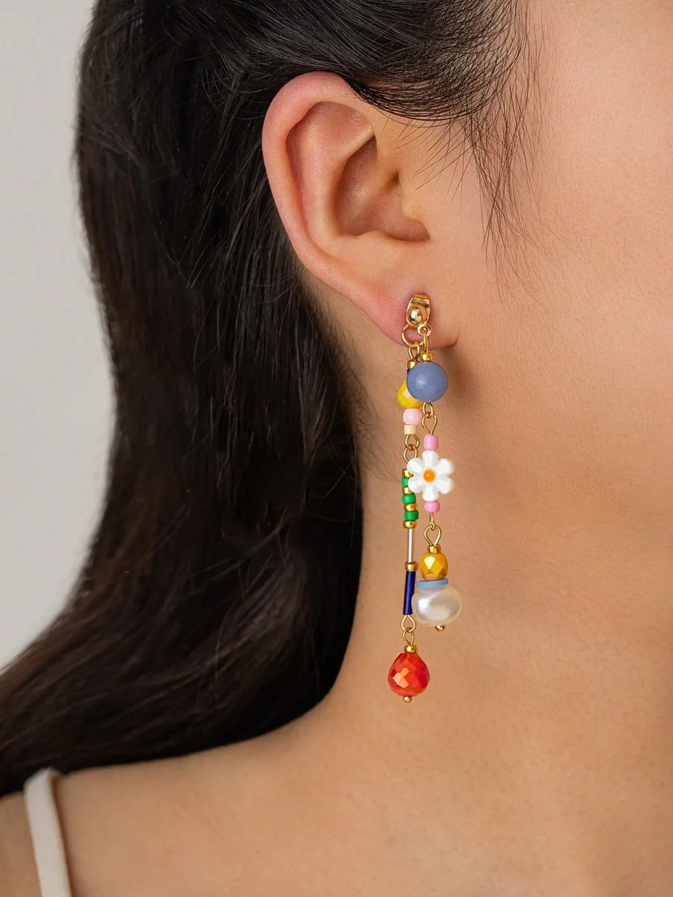 Multicolor Acrylic Beaded Floral Long Earrings, Y2K Cute Style, Perfect for Daily Commute and Vacation Wear, 1 Pair