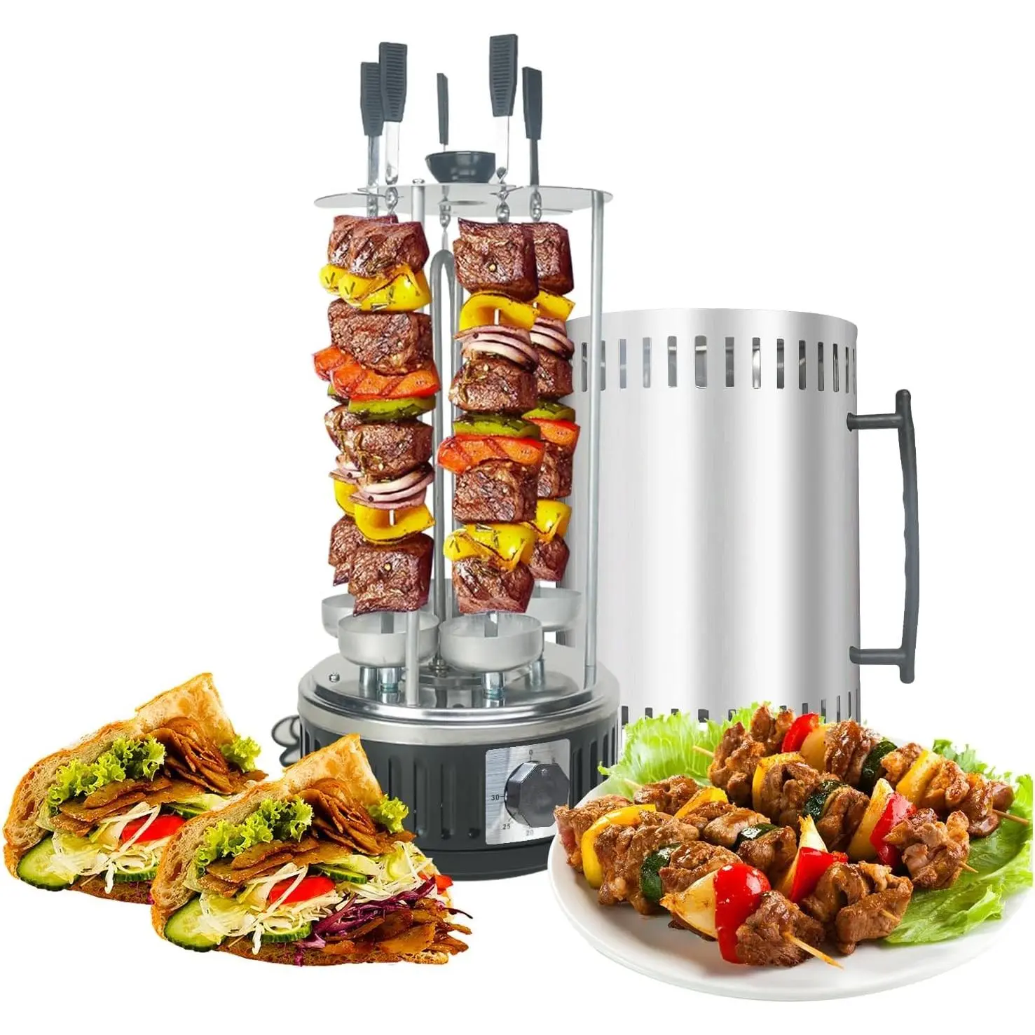 Countertop Vertical Rotating Oven, Rotisserie Shawarma Machine, Kebob Machine, Stainless Steel Body W/Heat Resistant Door, Includes 5 Skewers & 5 Oil Collecting Cups, US Plug, 110V