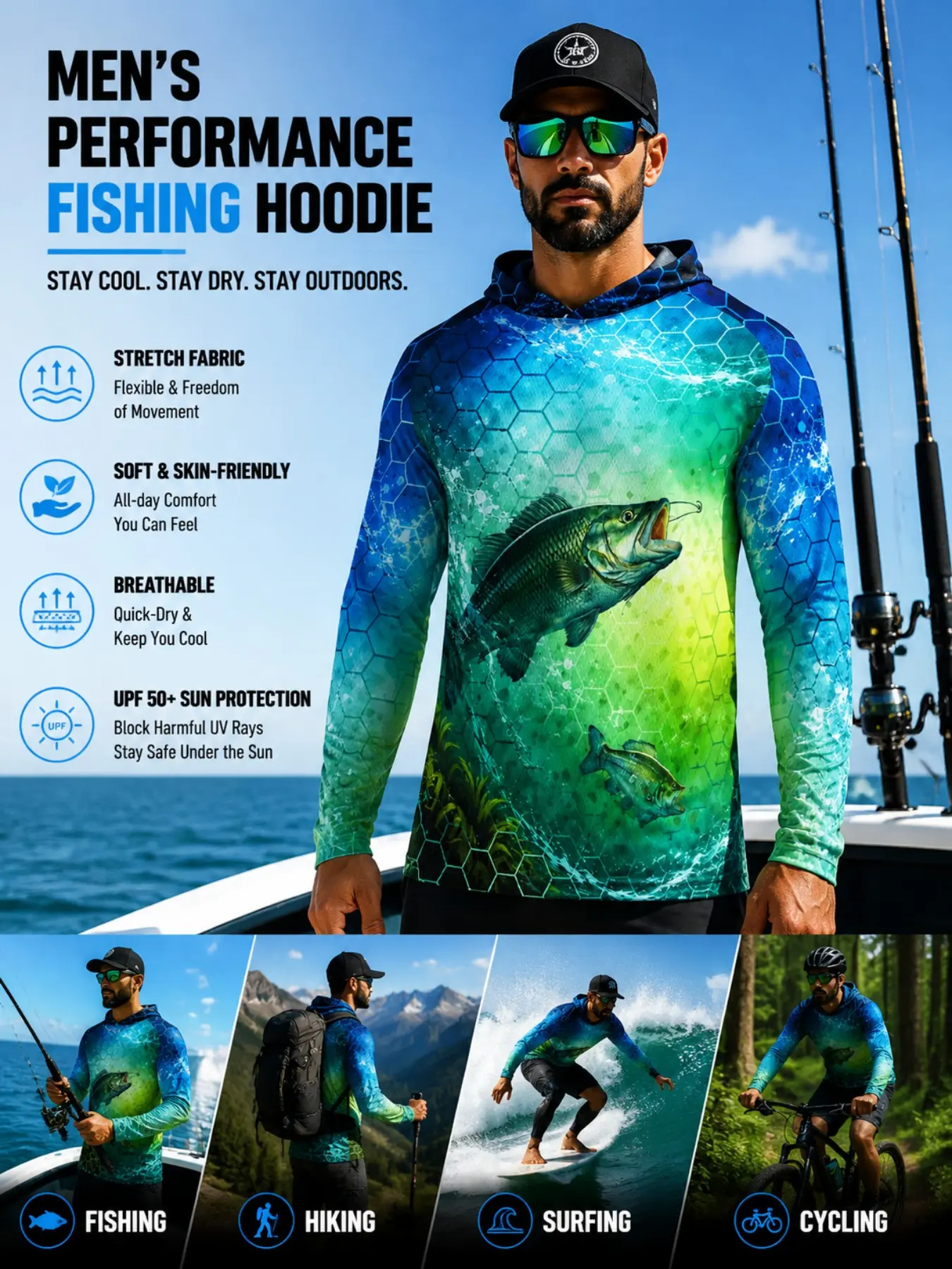 UPF 50+ Sun Protection Fishing Hoodie Men Hexagon Camo Bass Fish Full Print Quick Dry Breathable Long Sleeve Shirts For Fishing Boating Kayaking