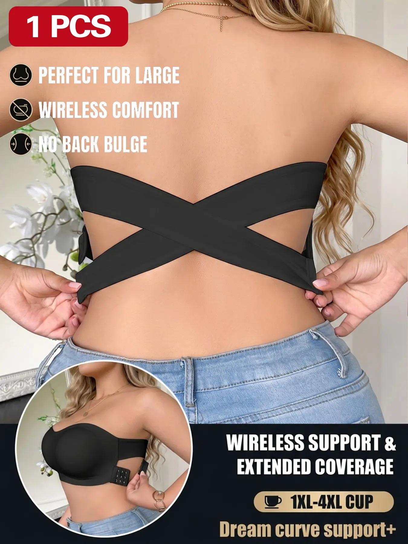1/2 Pcs Plus Size Strapless Bralette, Modern Minimalist Style, Anti-Slip Buckle, Cross Back Design, Perfect for Parties and Formal Events, Backless Bras