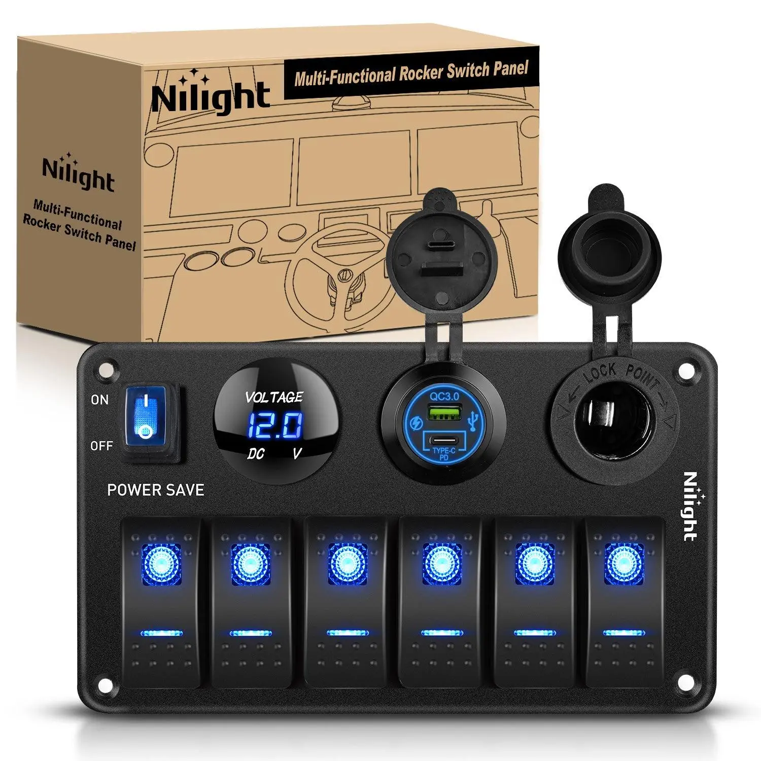Nilight 6-Gang Aluminum Waterproof Pre-Wired Rocker Switch Panel, 12V-24V Marine Grade Power Control with PD Type-C, USB, Cigarette Lighter Socket, Voltmeter for Car Trucks Boats