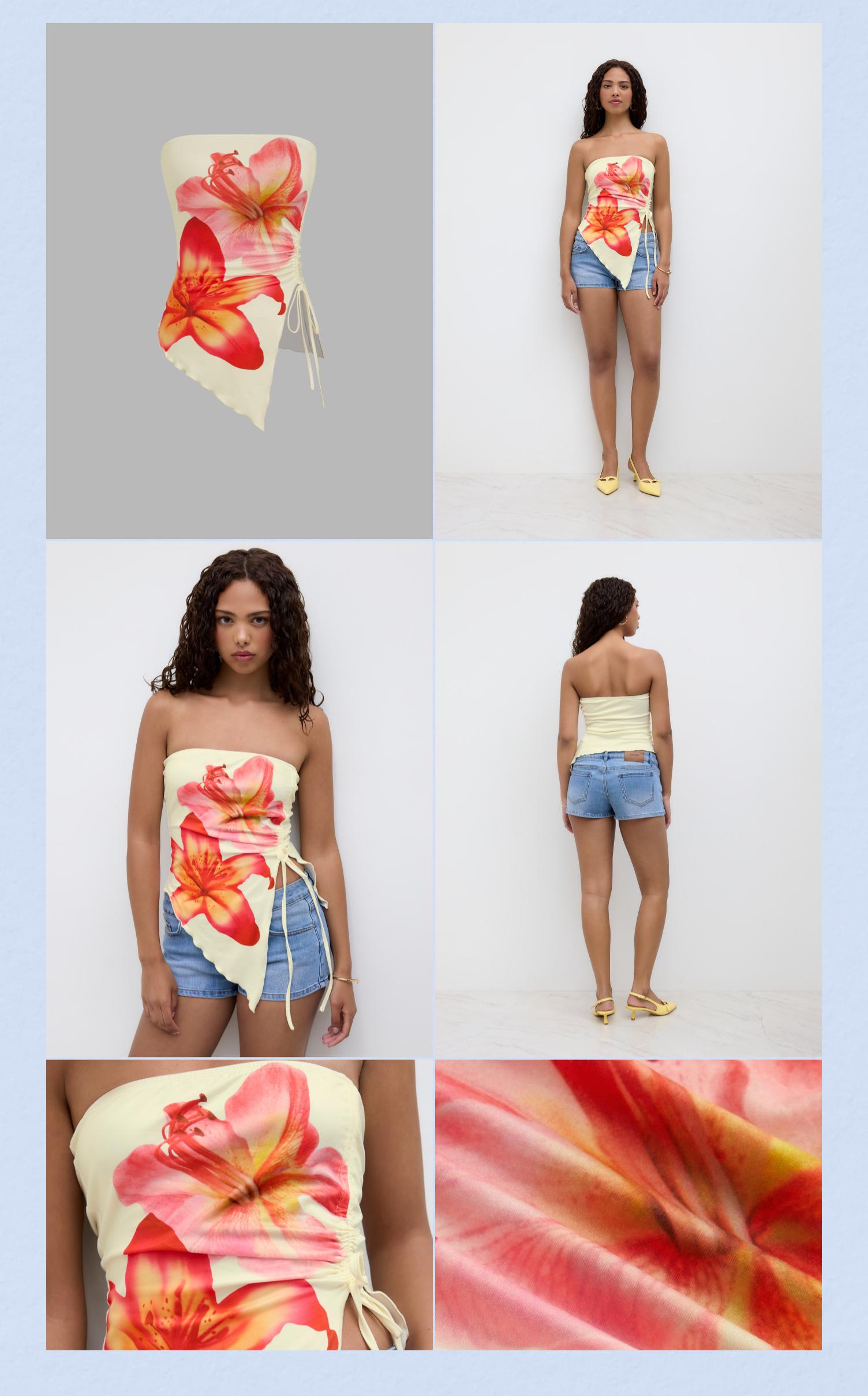 Cider [size 2-10] Floral Graphic Drawstring Asymmetrical Hem Bandeau Top