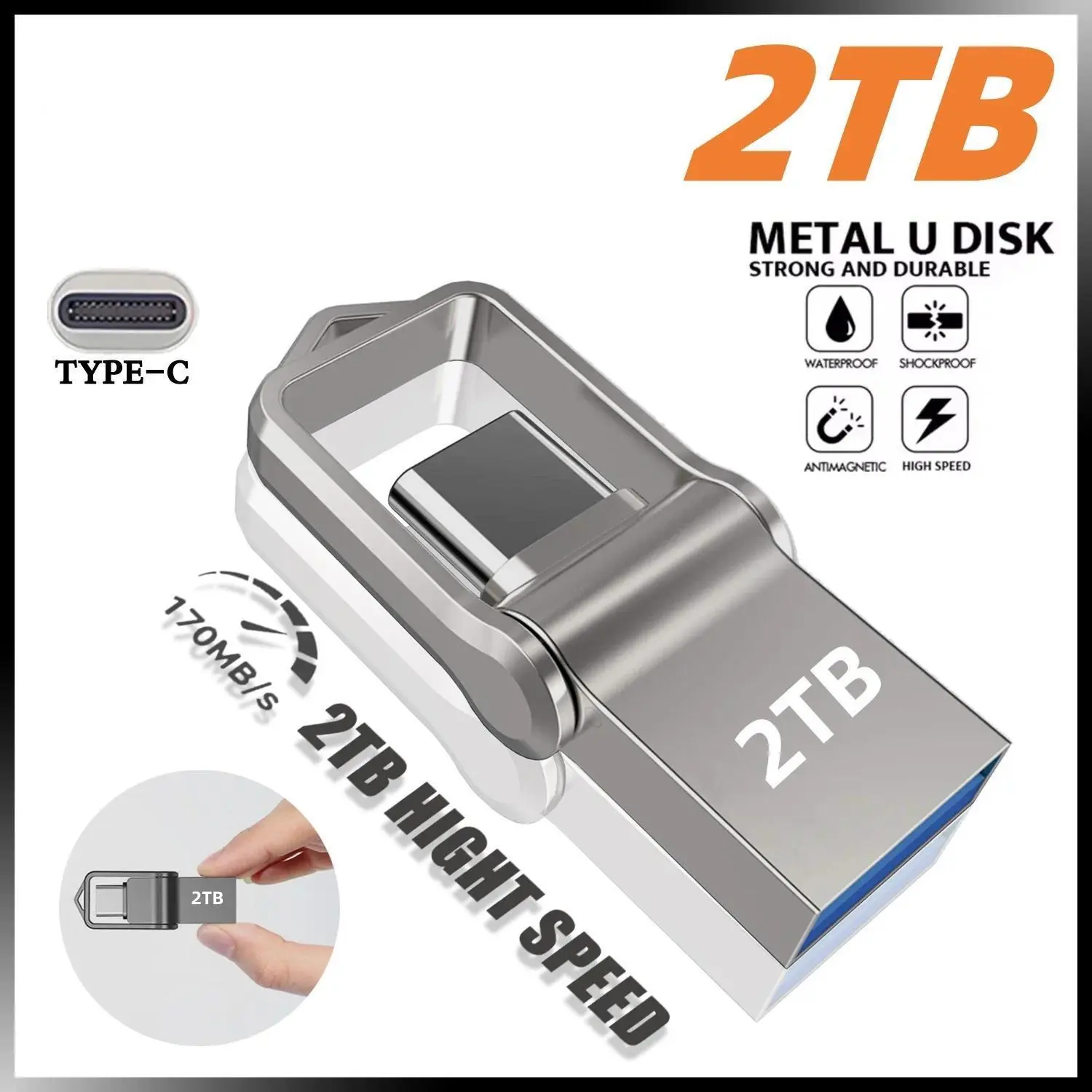 High Speed Mini Metal Flash Drive with Dual USB-C & 3.1 OTG Connectors, Waterproof & Dustproof Thumb Drive for Tablets, Car Player, and Desktop, 1Tb, 2Tb