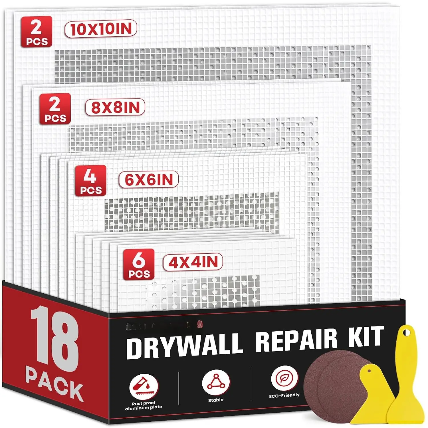 Drywall Repair Kit 18 Pack, 2/4/6/8 inch Drywall Repairs Patch, Dry Wall Patch with Scraper and Sandpaper for Drywall Repair Patch Kit
