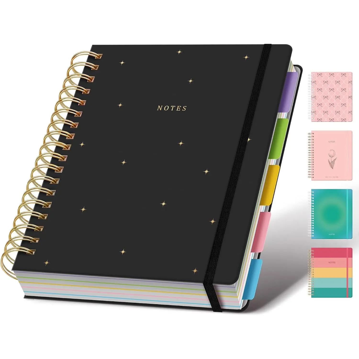 Hardcover Spiral 5-Subject Journaling Notebook - 8"x10", 300-Page College Ruled, with Removable Tabs, Adhesive Labels & Dividers, Night Stars Design for School Office Stationery, 300 Pages