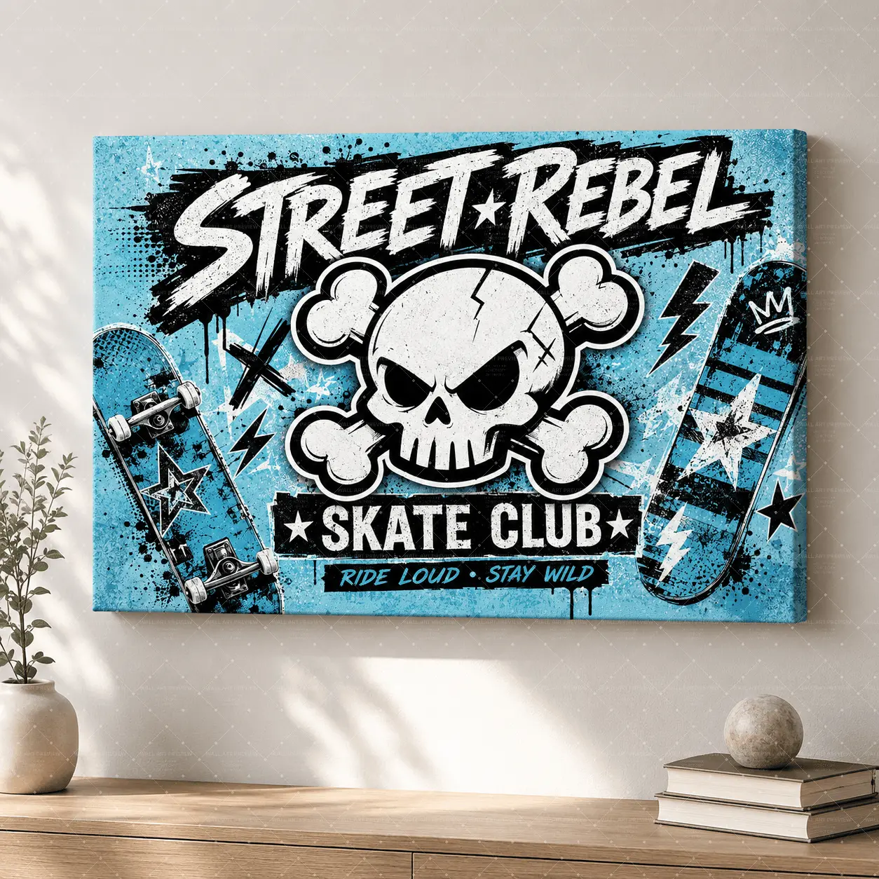 Street Rebel Skate Club Blue Graffiti Canvas Poster, Skull Crossbones Skateboard Wall Art, Edgy Urban Print for Teen Bedroom, Gaming Room, Skate Room Decor, Modern Aesthetic Gift,wall decor,poster.