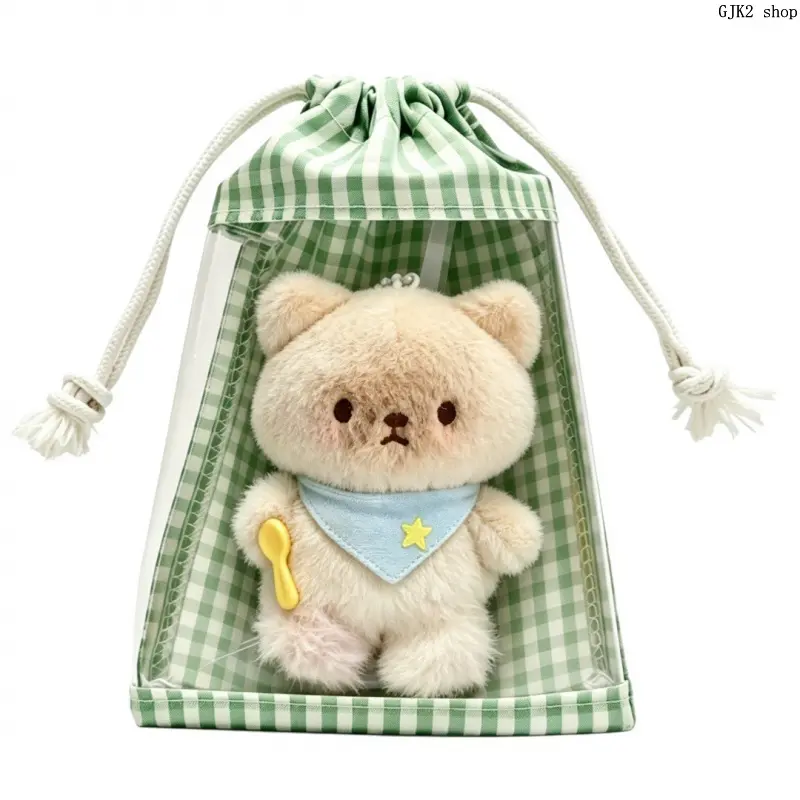 Transparent Plaid Drawstring Storage Bag, Doll Display Dust‑Proof Pouch, Portable Organizer for Keychain Figurine Small Accessories