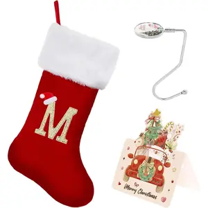 20 Inches Large Monogram Initial Christmas Stocking with Gold Trim, Velvet Personalized Stockings for Family Holiday Season Decor (Red M)