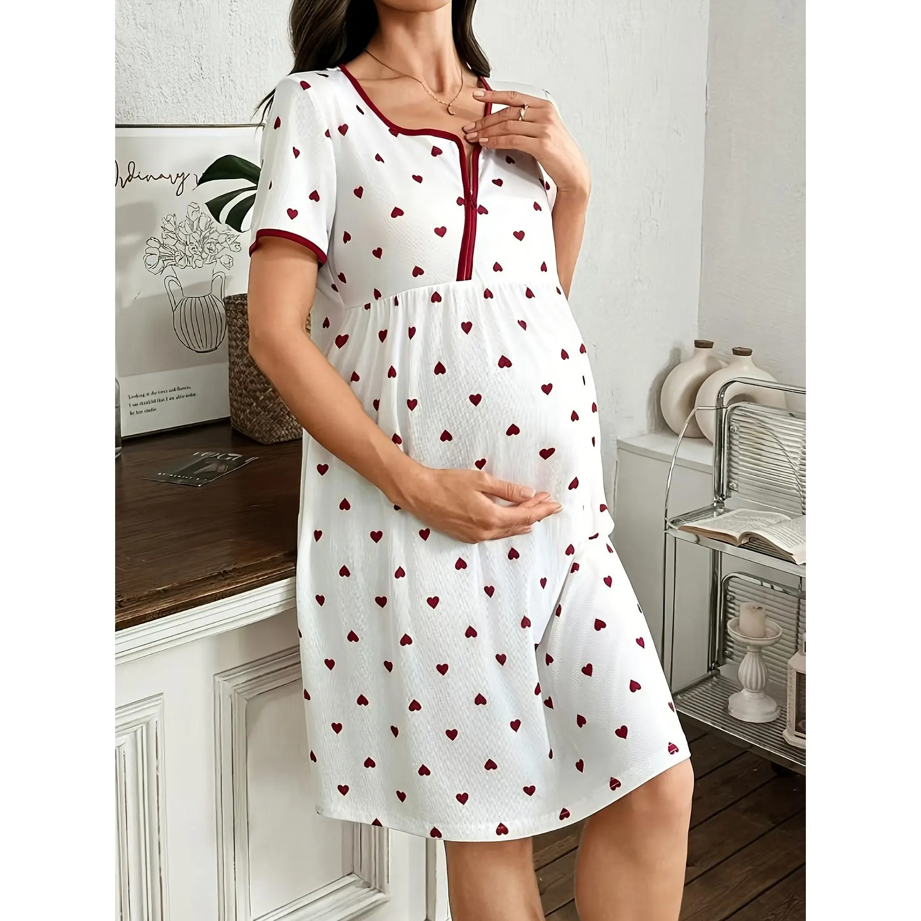 Pregnant Women'S Heart Print Zipper Contrast Trim Nursing Nightgown