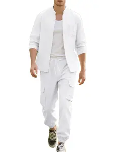 Men's 95% Premium Linen Set, Ultra-Lightweight Cargo Joggers & Stand Collar Shirt, Breathable 2-Piece Summer, Casual Coastal Style