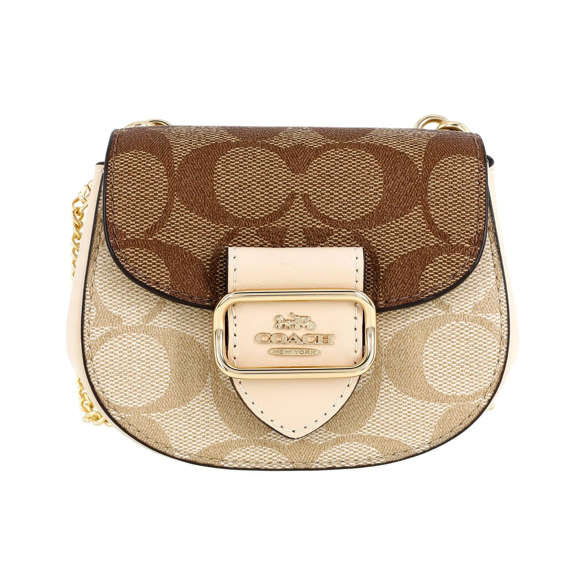 COACH Morgan 13 Saddle Bag with Gold Logo – Classic Monogram Canvas and Leather Crossbody/Shoulder Bag for Women, Khaki