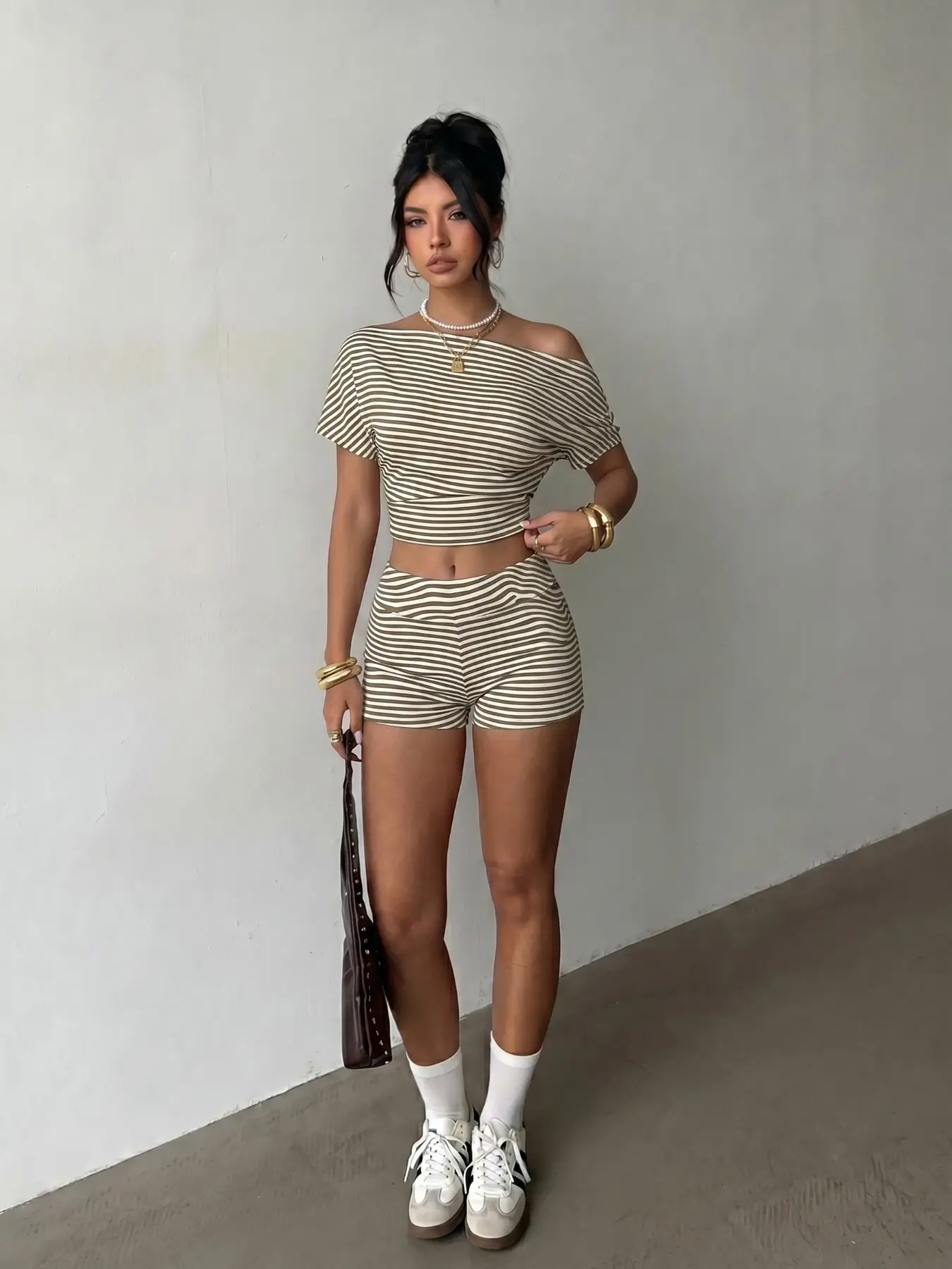 Y2K Women Stretchy Soft Knit Striped Off Shoulder Short Sleeve Crop Top High Waist Biker Short 2 Piece Matching Sets, Cropped Top Set, Casual Streetwear Loungewear Daily Outfit Summer Bodycon Party Club Vacation Wear Elastic Soft Fabric Sets