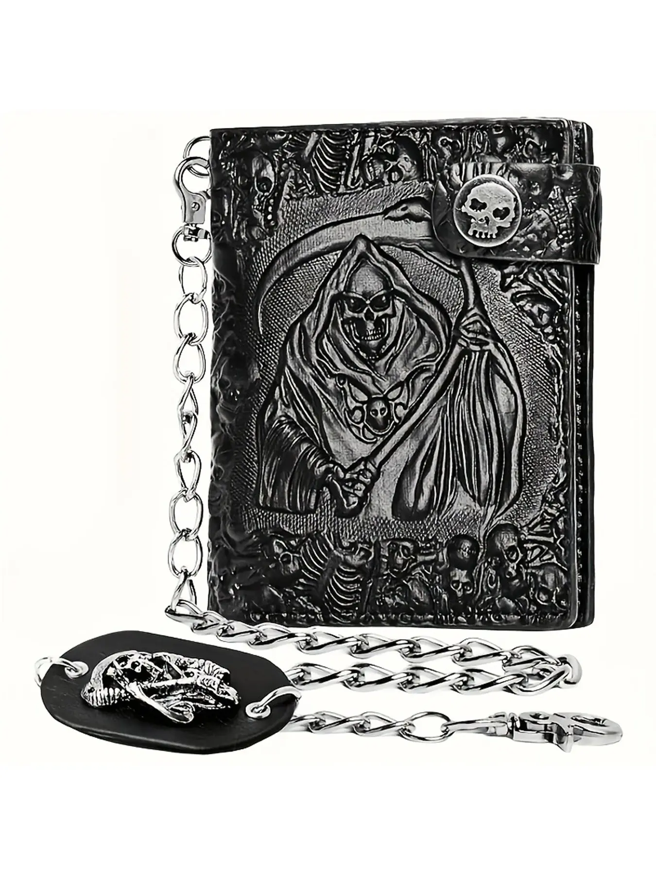 Wallet with Skull Gothic Chain Leather - Punk Bifold Halloween Goth Accessories | Unisex