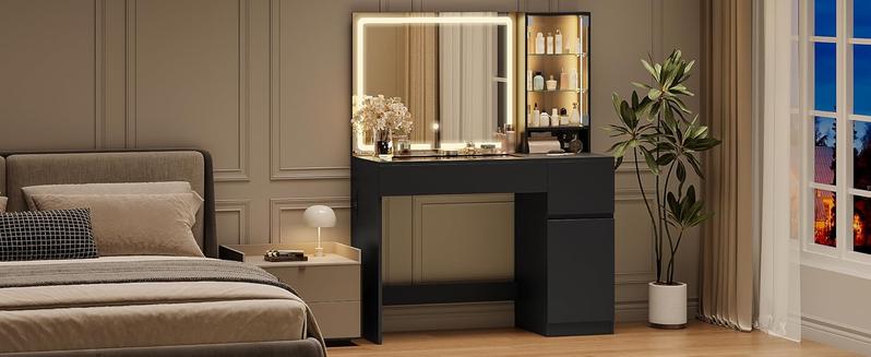 wanan 41" Vanity Desk with Glass Top, Black Vanity with Mirror and Lights, Power Outlet, Jewelry Storage, 3 Adjustable Lighting Modes, Makeup Vanity with 2 Drawers for Bedroom