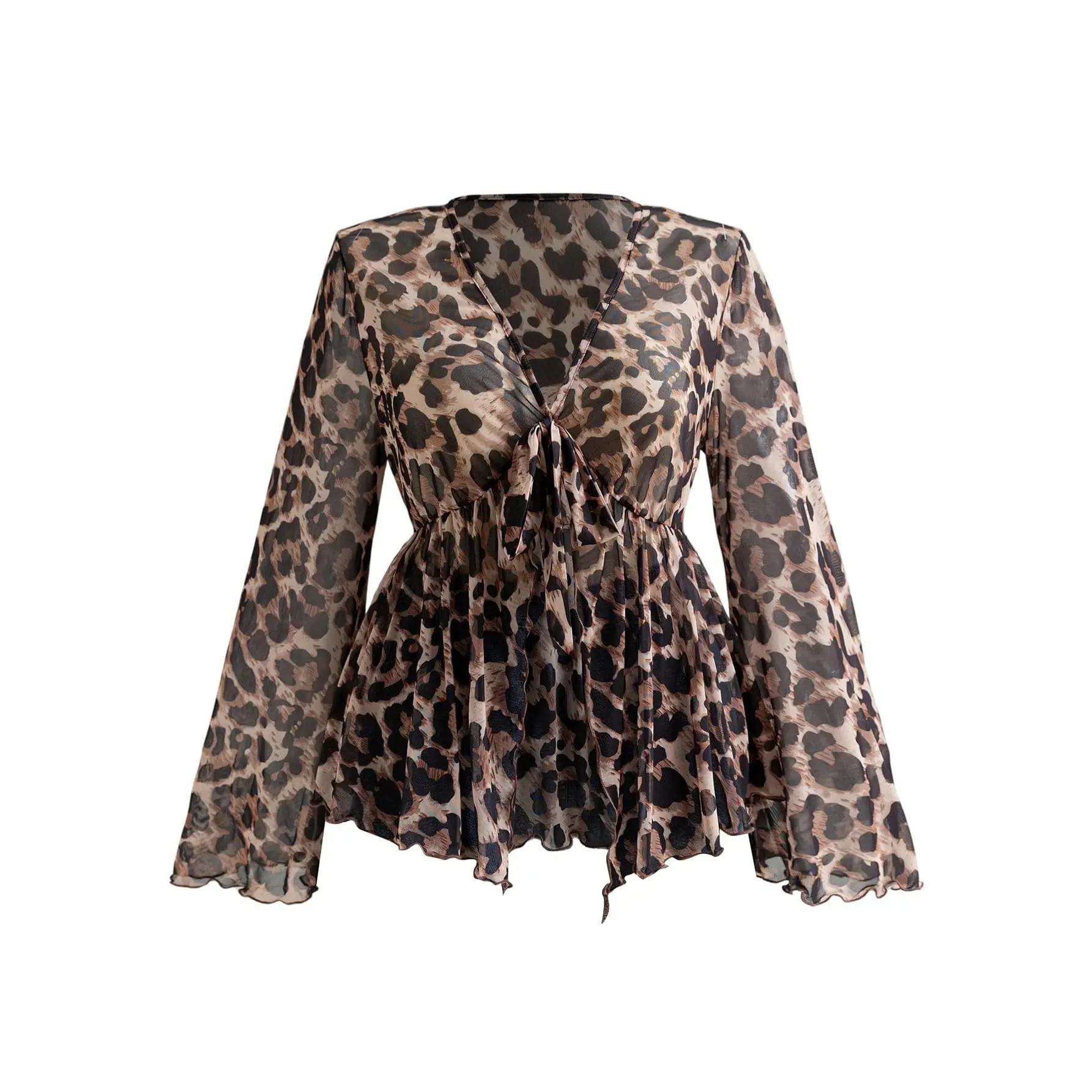 Women's Plus Size Lady Flat Leopard Bell-Sleeve Mesh Peplum Tie-Front Blouse - 70s Boho Western Outfit, High Waist Compatible, Comfortable Fabric, Long Sleeve