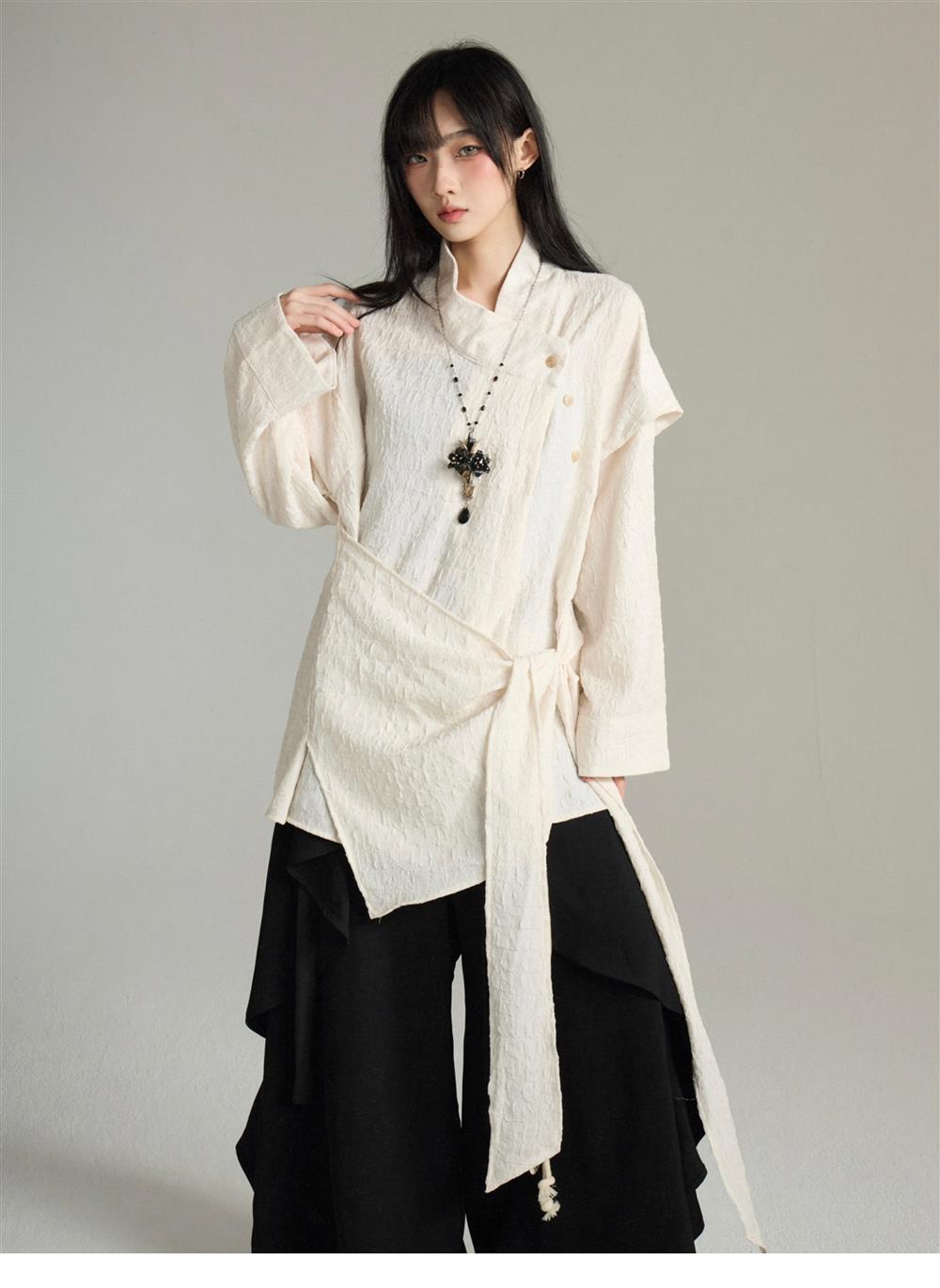 UMI MAO Irregular Lace Up Design Chinese Style Stand Up Collar Shirt Men Women Long Sleeved Shirt Fake Two-piece Top Y2K