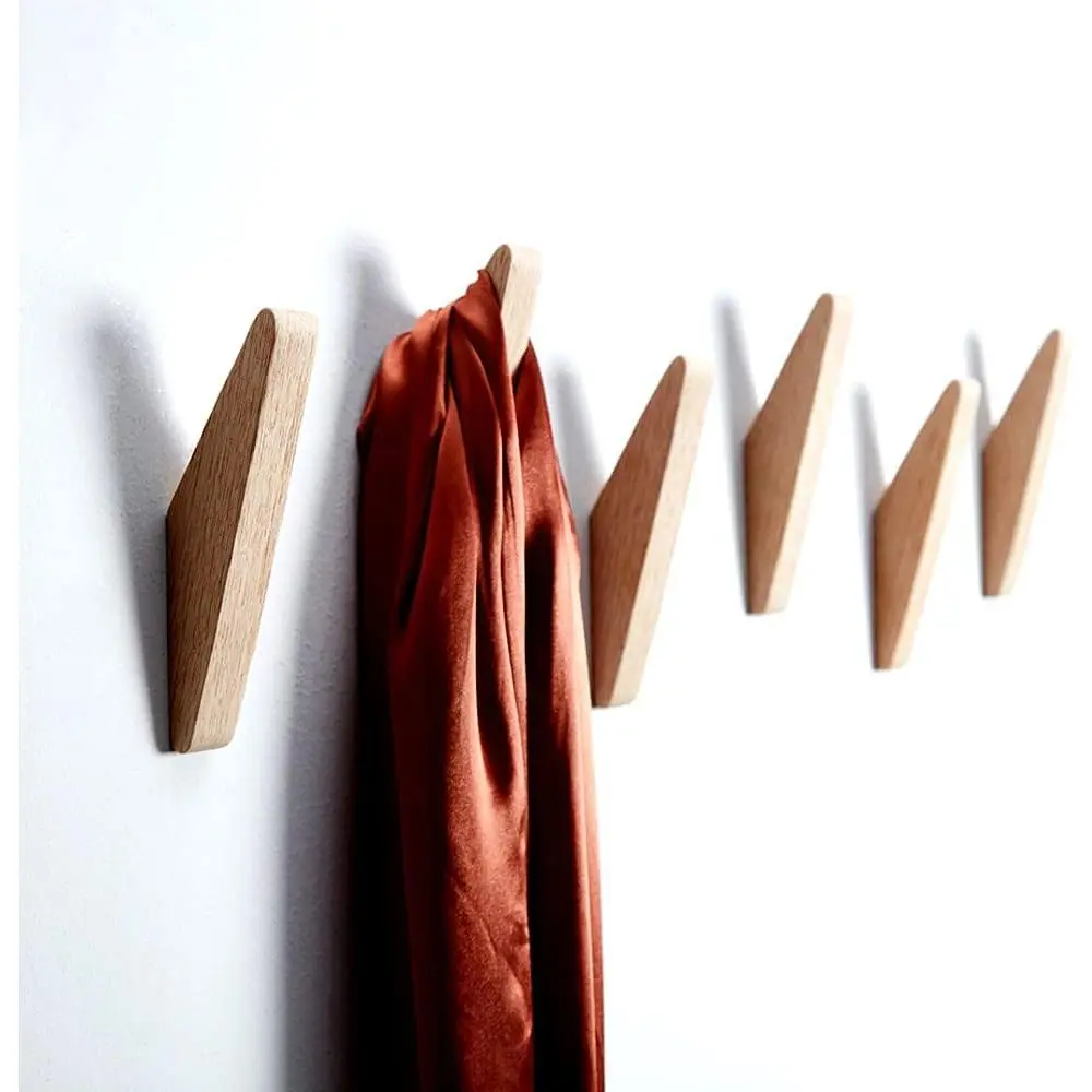 Pack 6  Wall Hooks, Oak Coat Hooks Minimalist Design Heavy Duty Robe Hook Wall Mounted Rustic Wooden Clothes Hanger Hat Rack Hooks for  Bathroom Towels.