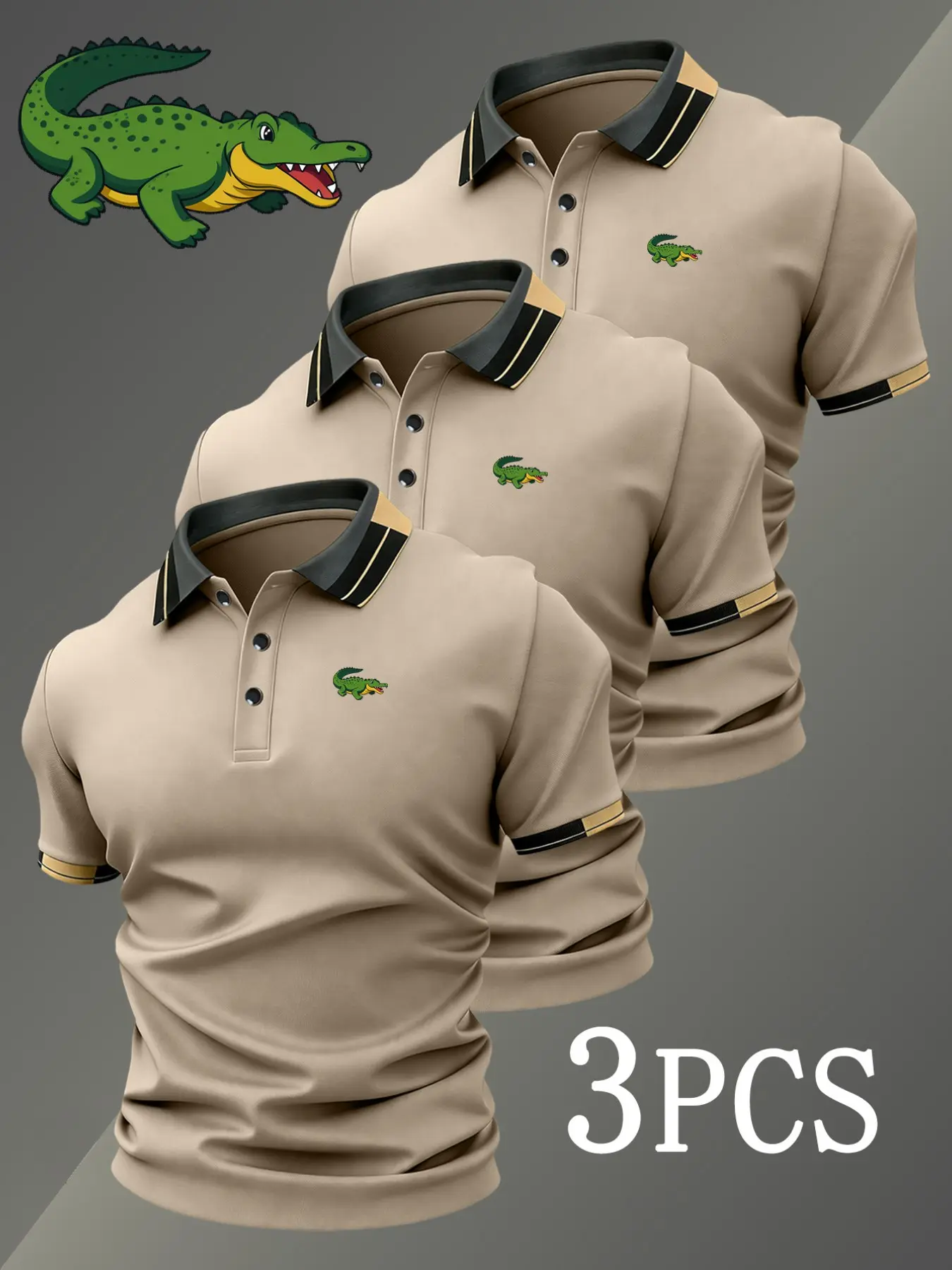Men's Golf Polo Shirt Set, Crocodile Print, Fitted Collar, Stretchy Casual Breathable, Summer Polo Shirts, All-Season Comfort, Durable High-Quality