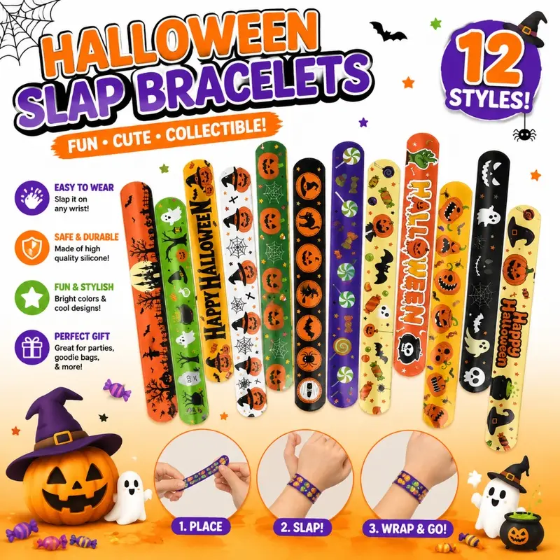 2026 Hot Halloween Slap Bracelets, Spooky Ghost Pumpkin Witch Snap Wristbands for Kids Adults, Trick Or Treat Party Supplies, Stress Relief Toys, Holiday Gathering Goodie Bag Fillers Exchange Gifts