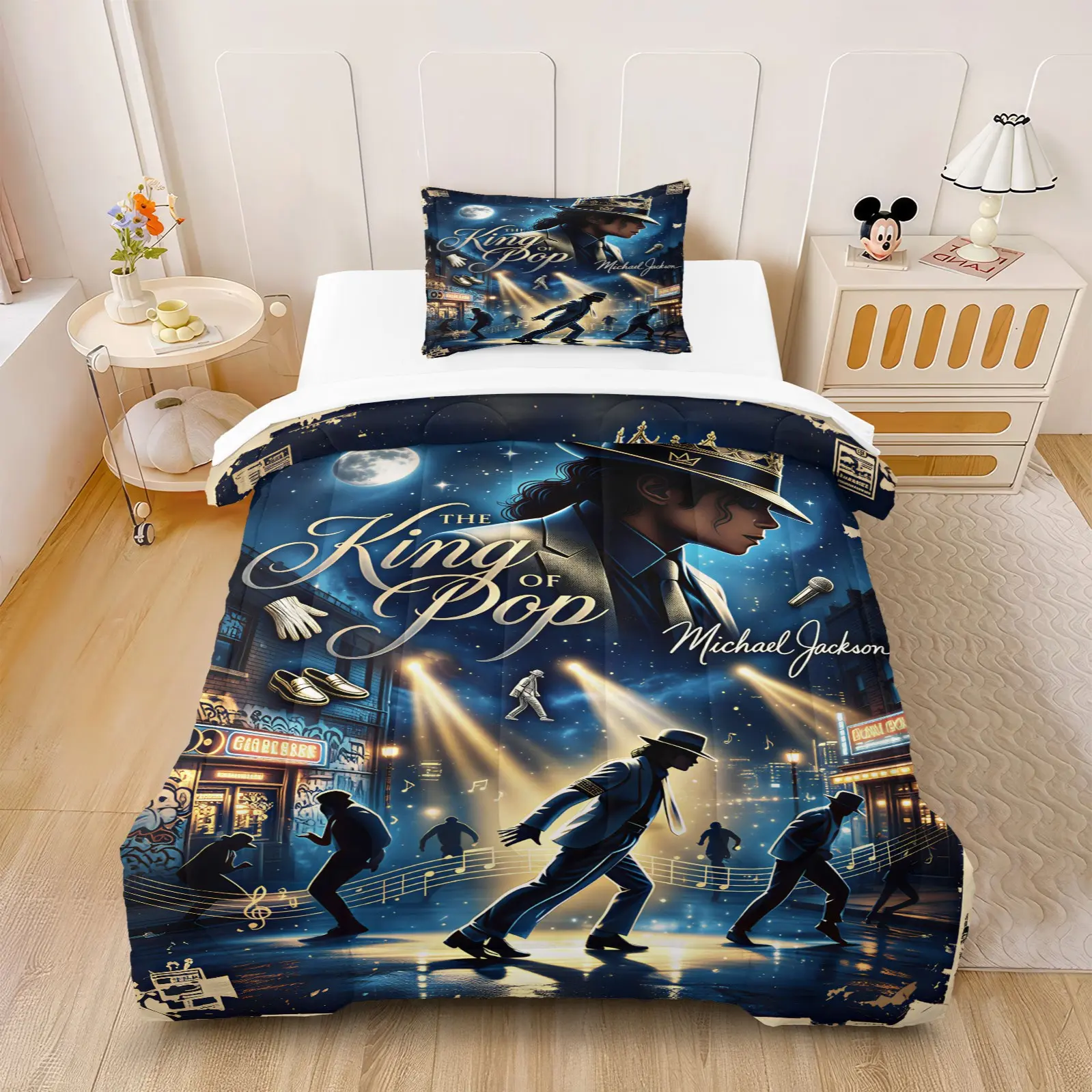 2/3Pcs King Of Pop Moonwalk Silhouette All Over Print Comforter Set, Star City Vintage Distressed Poster Graphic, Trendy Complete Gift For MJ Fans Birthday & Housewarming (Comforter Included, Pillow Inserts Not Included)