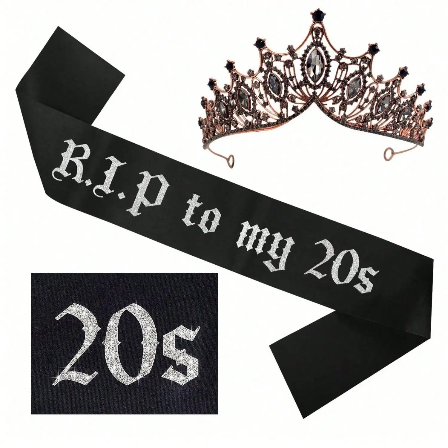 2 Pcs "RIP To My 20s" Sashes with Black Crowns, Decorations for Women’s 30th Birthday, Funeral-Themed 30th Bday, Birthday Ball, Cosplay Party & More Occasions
