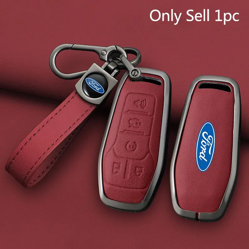 5 Buttons Zinc Alloy Leather Car Key Fob Cover Case Key Bag Shell Holder Keychain For Ford Fusion F-150 Edge Explorer Mustang Auto Key Protection Accessories
