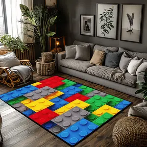 Colorful Building Block Crystal Velvet Kids Play Area Rug #KidsPlayRug #BuildingBlockFloorMat #LegoInspiredCarpet #CrystalVelvetHomeDecor
