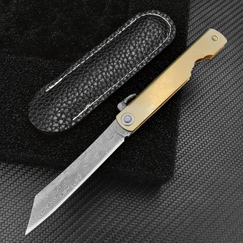 Pocket Folding Knife Damascus Steel Blade Multi-purpose Tools Outdoor Camping Knives with PU Leather Sheath