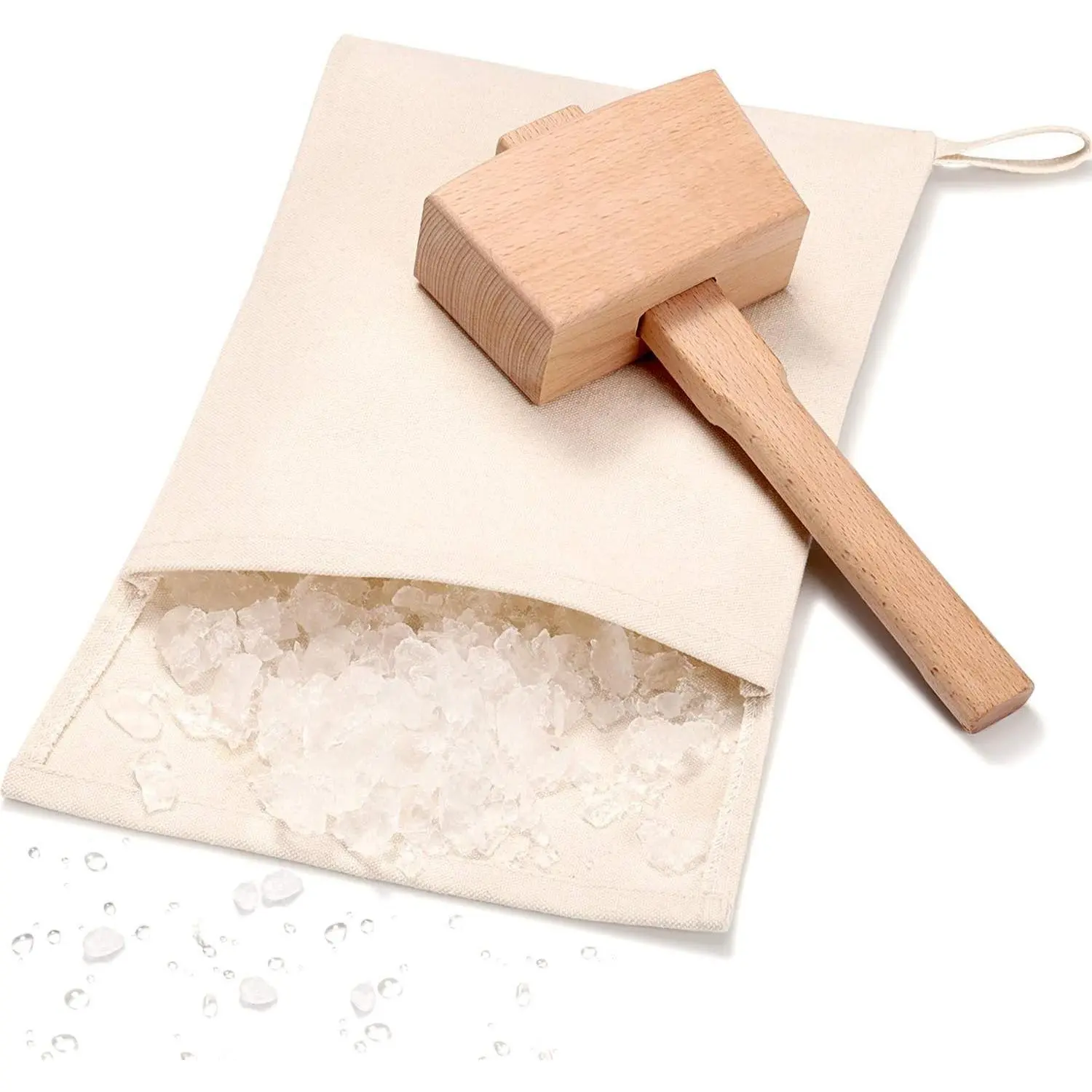2 Pcs Summer Ice Crusher Set, Reusable Canvas Lewis Ice Bag & Wooden Mallet, Crushed Ice Maker Tool for Bartender Bar Accessories