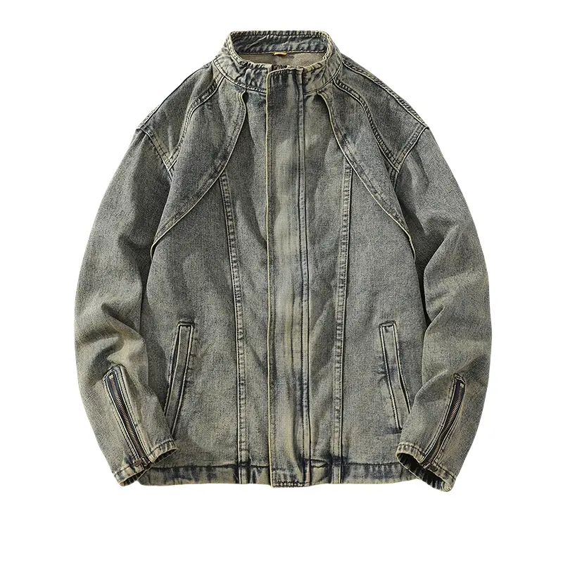 Men's stand-collar denim jacket with clay washing and vintage fading adopts workwear tailoring with split stitching lines. Featuring retro street style, it is stiff and well-shaped, suitable for street styling and outdoor trips.