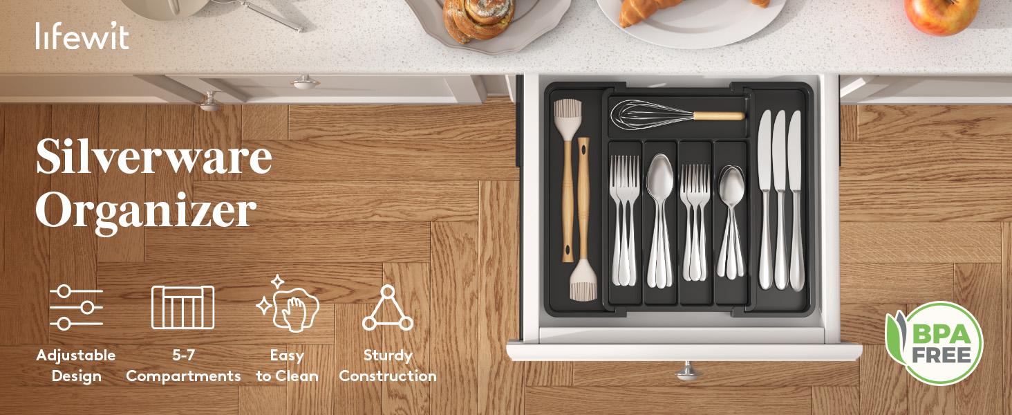 Silverware Drawer Organizer, Expandable Utensil Tray for Kitchen, BPA Free Flatware and Cutlery Holder, Adjustable Plastic Storage for Spoons Forks Knives, 8.5-14 x 12", Black