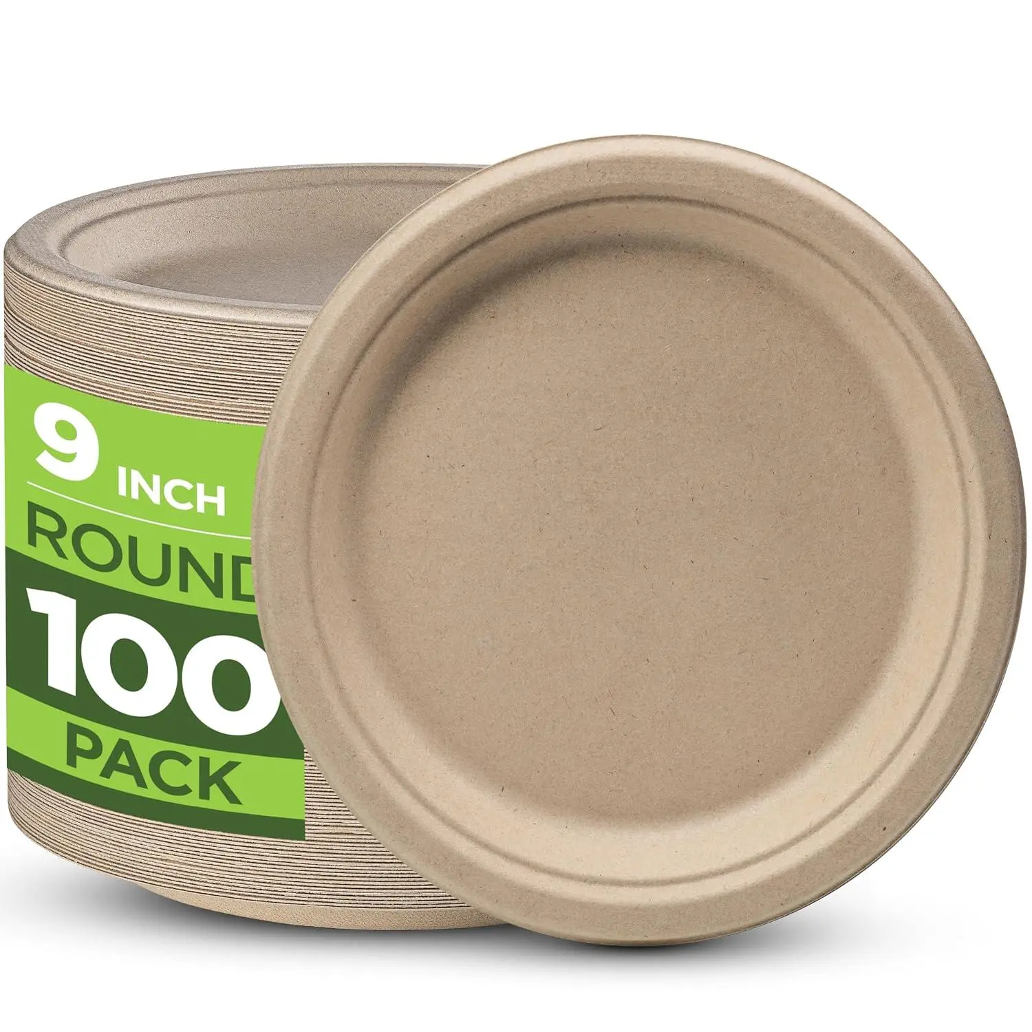 100% Compostable Paper Plates 100 Pack, 9 Inch Brown Round Heavy Duty