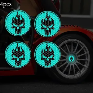 4Pcs Flame Skull Reflective Car Stickers, Wheel Hub Center Cap Decals, Cool Night Safety Warning Reflector, Universal Waterproof Car Decoration