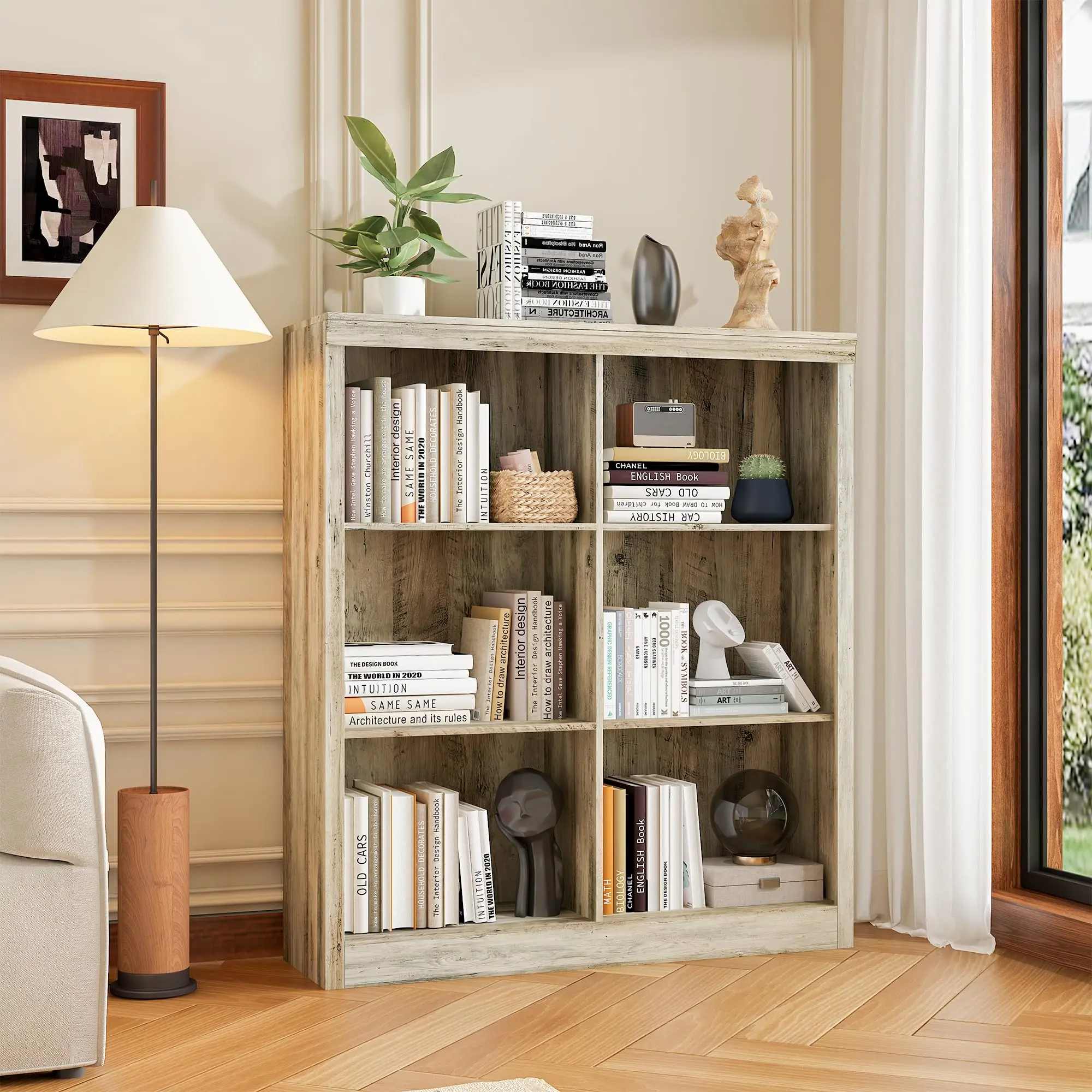 53" Open Shelf Low Bookcase, 6 Cube Tall Bookcase with Anti-Tip Design Wood Storage Organizer Sturdy Wooden Bookshelf Double Wide Open Shelf Bookcase for Living Room, Home Office, Dining Room-Oak