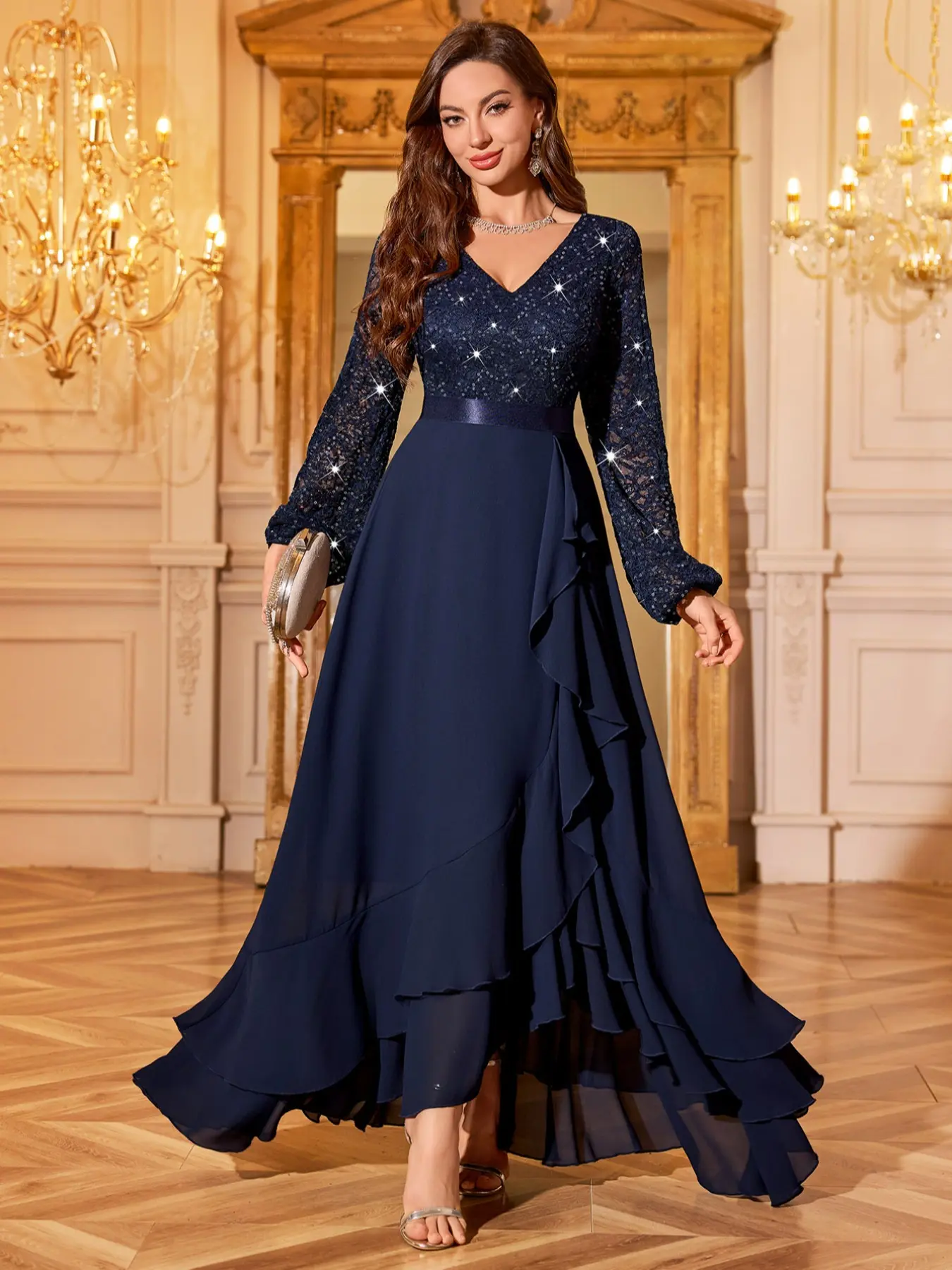 miusol women's formal floral lace evening party maxi dress MIUSOL 34017A Sequin Glitter Floral Lace Chiffon V-Neck Lantern Sleeve  Ruffle Hem Formal Party Maxi Dress, Elegant Party Dress For Women, Formal  Evening Gown, Prom Dress, For Wedding Guest, Graduation, Dinner -