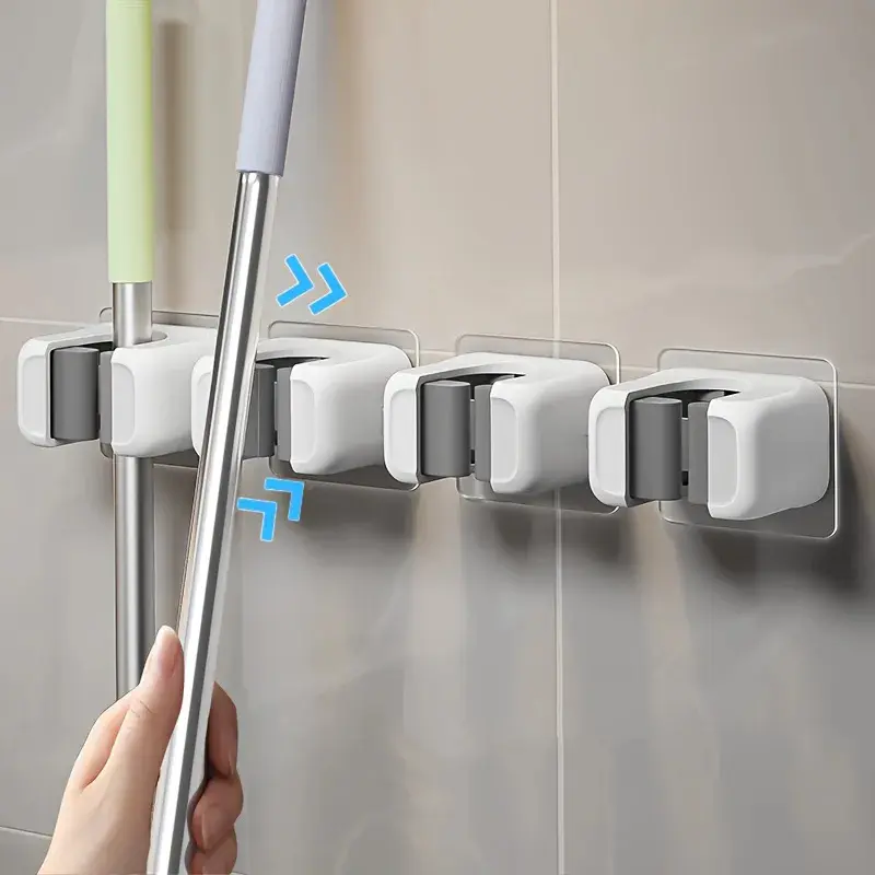 4-piece wall-mounted mop and broom holder, self-adhesive/no drilling required - heavy-duty plastic mop storage clip and broom holder