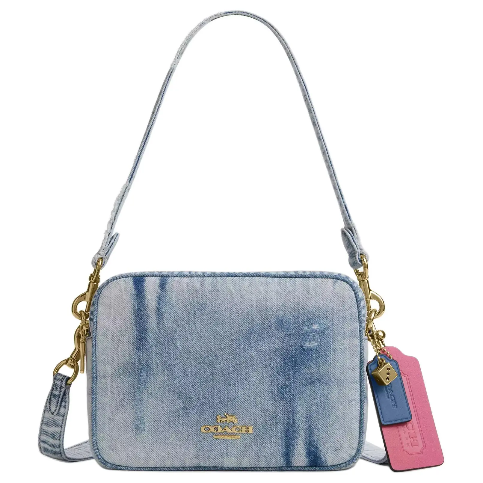 COACH Carey 22 Crossbody Bag for Women – Gold Lettered Buoy Design in Light Indigo Denim