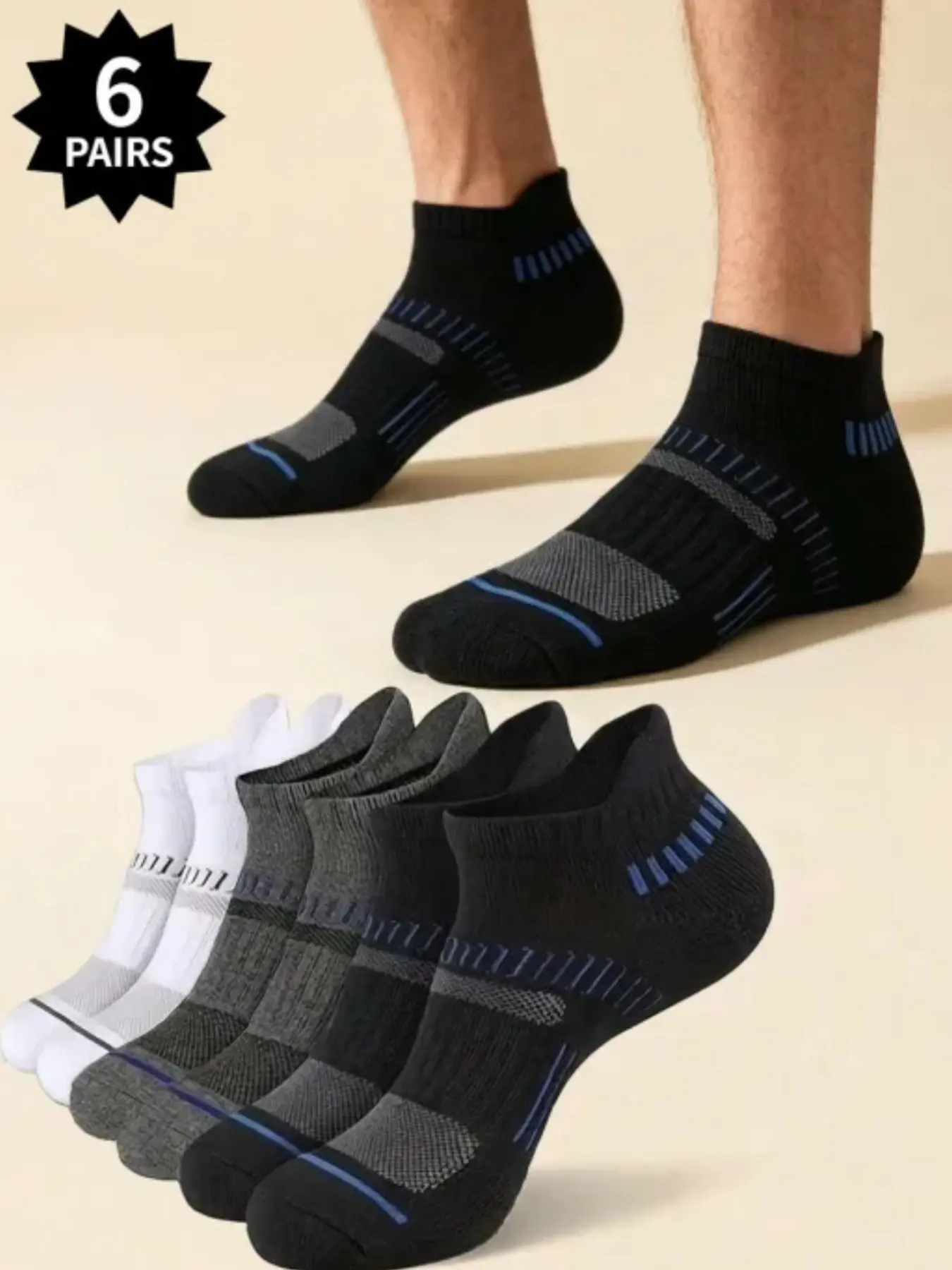 6-Pair Pack of Men's Thickened, Shock-Absorbing Ankle Socks—Short Socks with Low-Cut Arch Support in White, Gray, and Black; Suitable for Running, Fitness, and Basketball