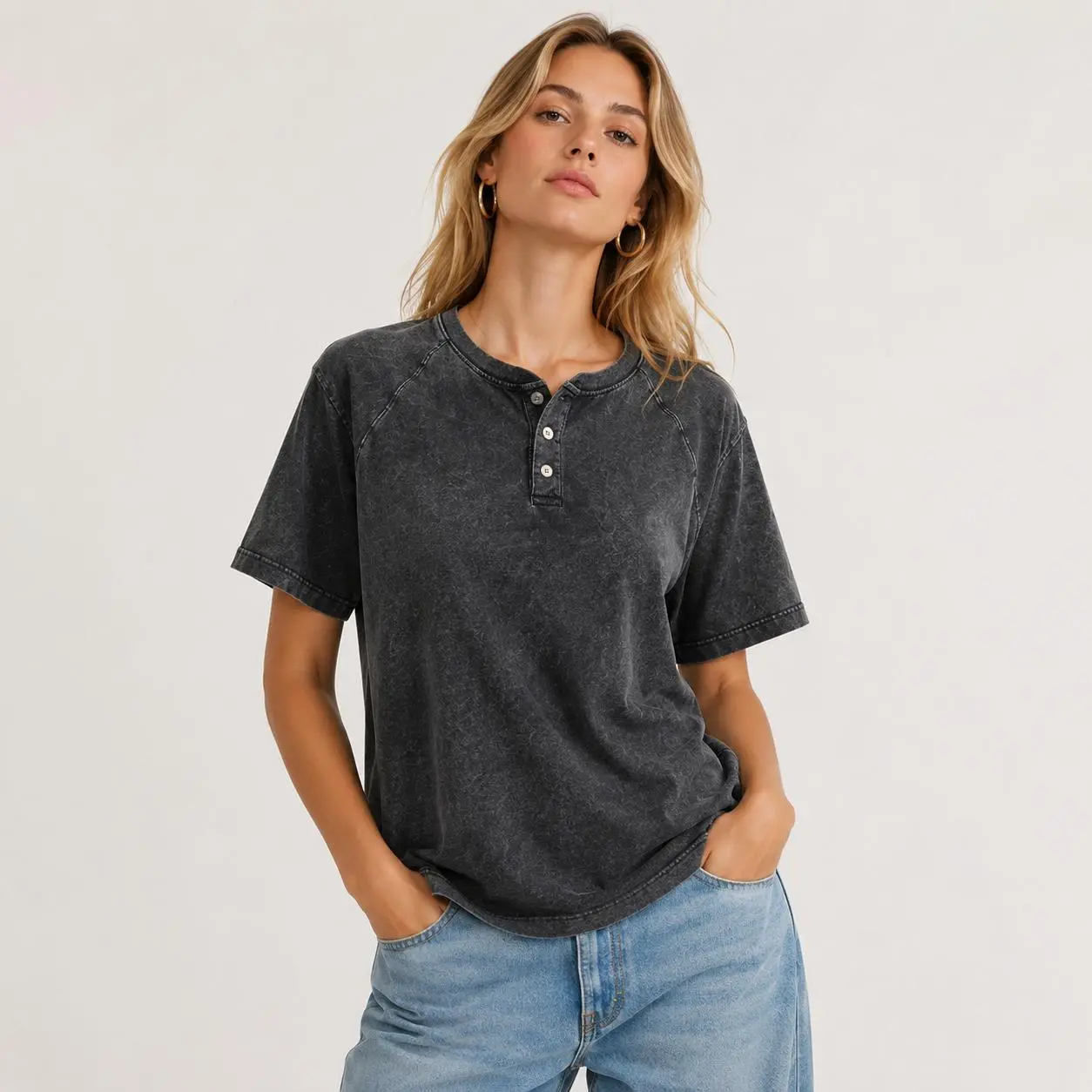 Womens Mens Vintage Washed Henley T Shirt Unisex Short Sleeve Three Button Crew Neck Raglan Sleeve Oversized Loose Fit Acid Wash Casual Plain Basic Top Streetwear Pullover Summer Tee Two Pack Three Pack Four Pack Multipack Everyday Fashion Apparel Tee Set