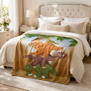 Cartoon Dinosaur Print Flannel Blanket, Soft Lightweight Warm Plush Throw, All-Season Decorative Casual Rug, Sofa Bedroom Office Car Camping