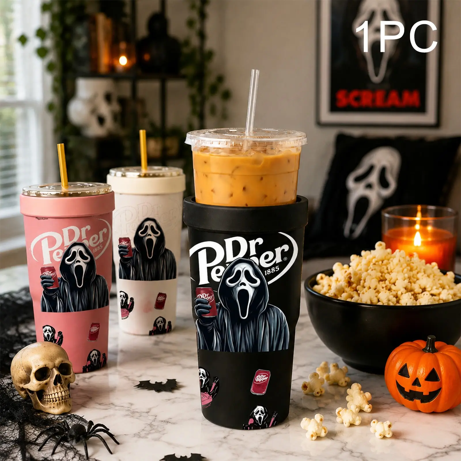 1PC 32oz Halloween 2-in-1 Can Cooler Tumbler, Spooky Printed Insulated Cup with Straw Lid, Stainless Steel Double Wall Vacuum Travel Mug, Ghost Skeleton Design, Keeps Drinks Cold, Perfect for Iced Coffee, Soda, Halloween Party & Holiday Gift