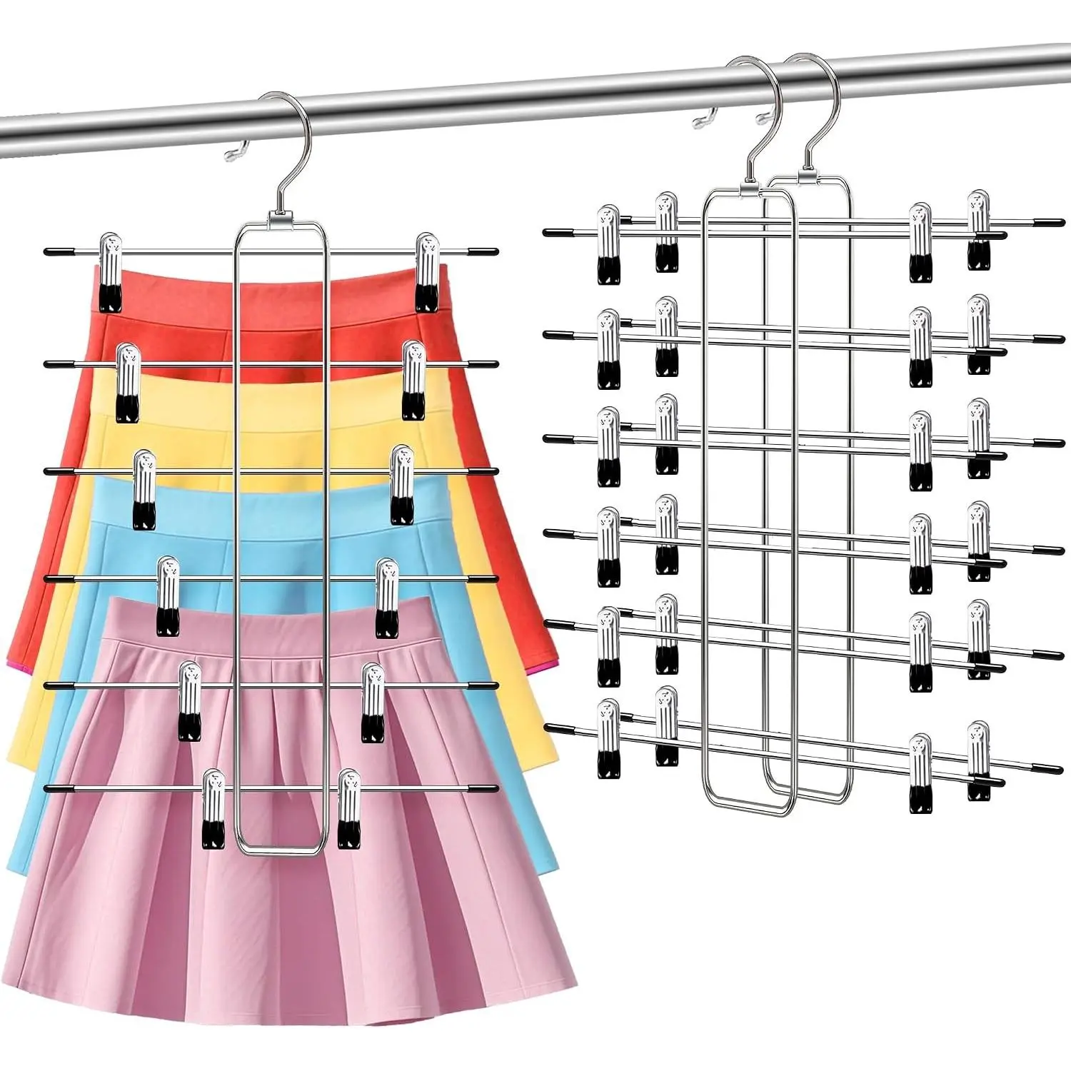 6-Tier Space Saving Pants Hangers with Clips, Multi-Functional Skirt & Jean Organizer for Small Closets, Dorm Room Essentials, 2 Pack Metal Clothes Storage