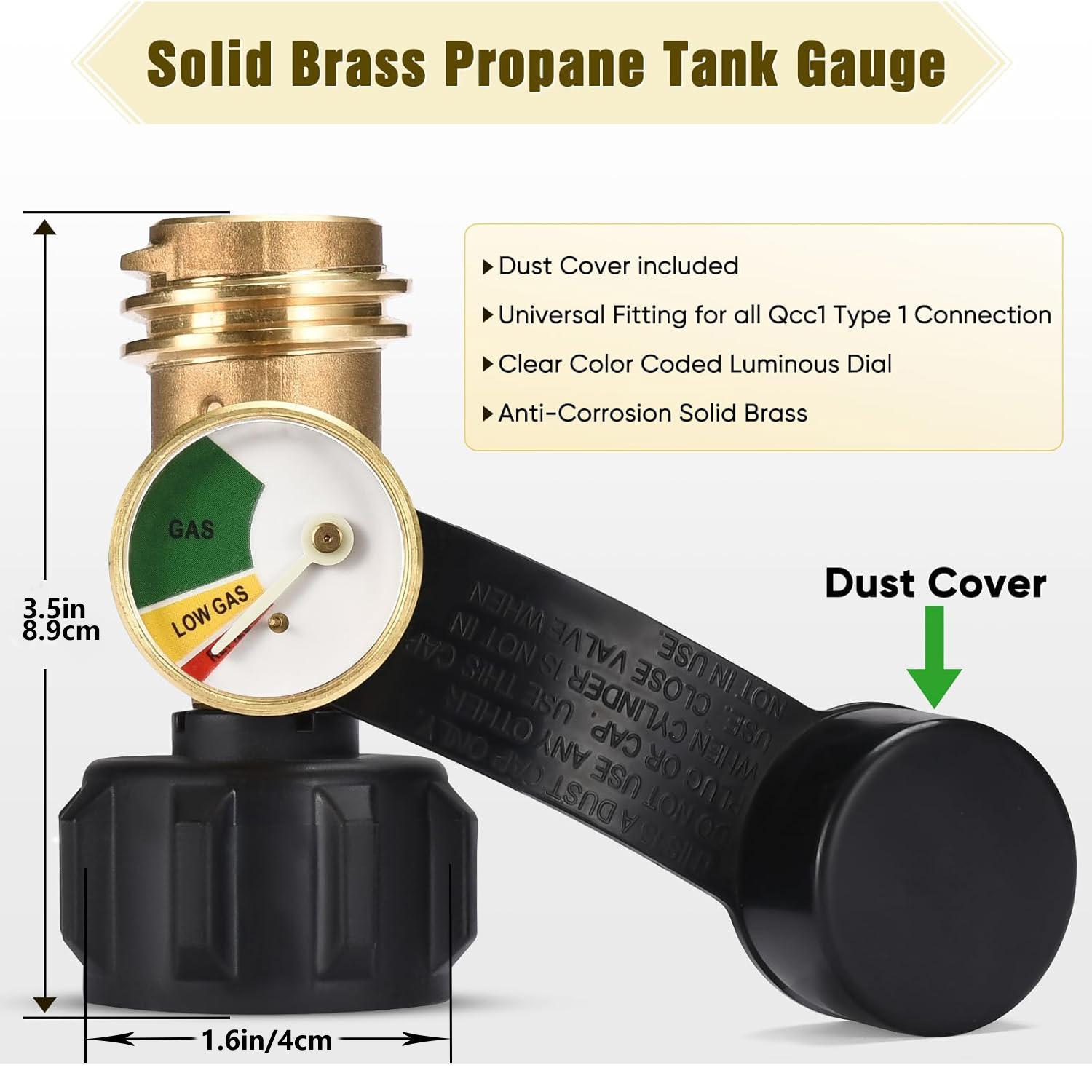 Propane Tank Gauge, Brass Construction, Propane Level Indicator, Low Fuel Level Monitoring for 5-40lb Tanks, Perfect for RV Camper, Camping, Propane Heater, Fire Pit, Gas Grill and More, QCC1/Type 1 Connection, Universal Compatibility