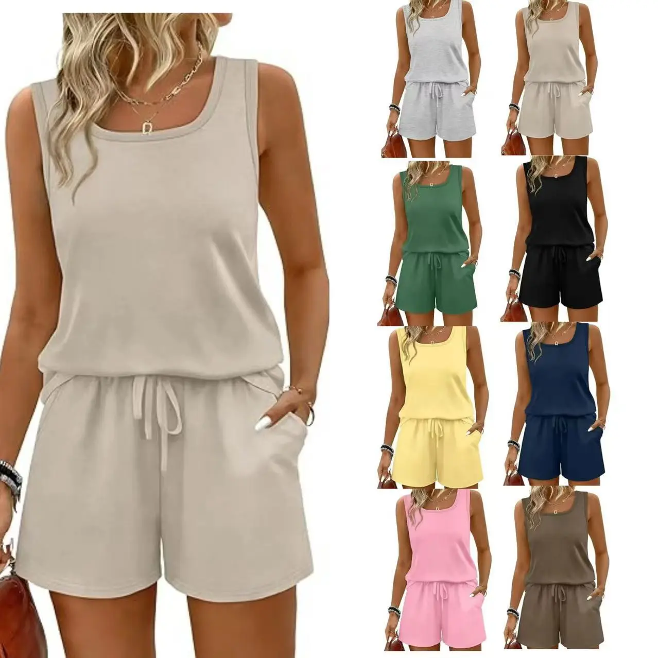 Women's 2-Piece Basic Minimalist Summer Casual Shorts Set - Lady's Square Neck Sleeveless Vest Sports Clothes with Pockets, Ideal for US & EU Cross-Border Amazon Women's Clothes Sets, Solid, Tank Tops, Camisole, Normal Type, Activewear Shorts Sets, Casual