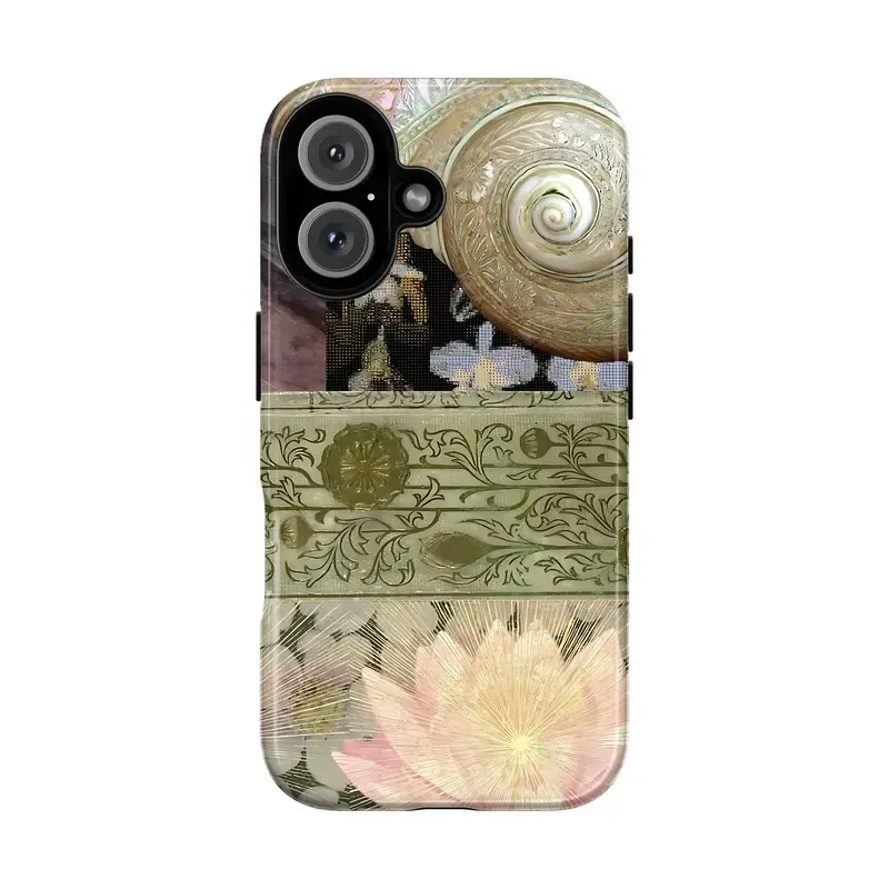 Vintage Nautilus & Orchid Aesthetic Phone Case For iPhone 17 Pro Max 16 15 14 13 12 11 for Samsung S21 S22 S23 S24 S25 S26 Case,Dreamy Botanical - Art Deco Floral Case, Shockproof Indie Aesthetic Cover,Lotus Flower & Seashell Aesthetic Boho Accessories