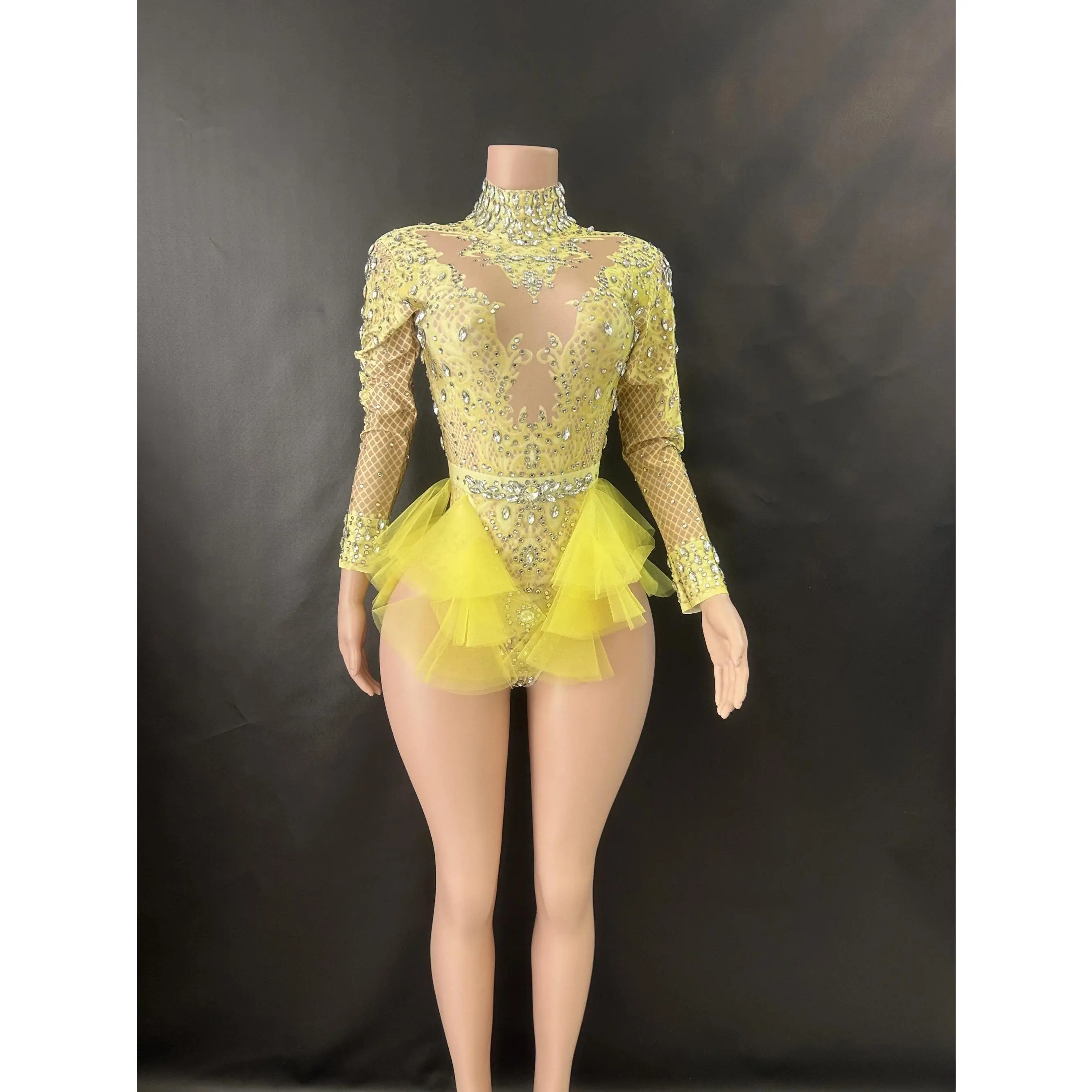 Sparkly Rhinestones Bodysuit Women ElasticPink Mesh Ruffles Crystal Leotard NightclubDancer Costume Stage Wear Party Outfit  7G