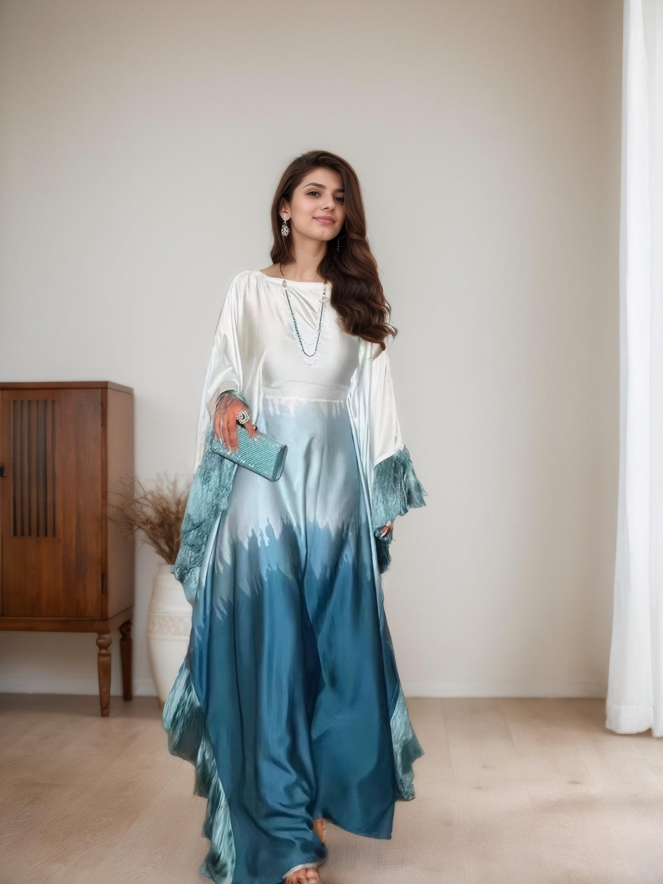 Women's Ombre Print Batwing Sleeve Dress, Chic Elegant Long Sleeve Dress for Party Wedding Guest, Ladies Islamic Clothing for All Seasons