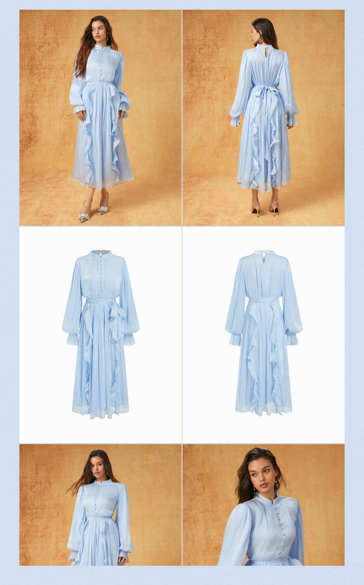 Cider Stand Collar Lantern Sleeve Ruffled Belted Flared Maxi Dress