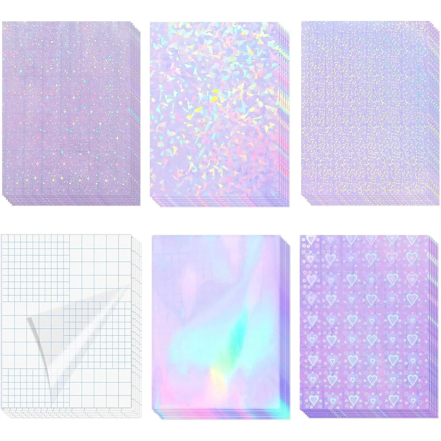 36 Sheets Holographic Sticker Paper Clear Self Adhesive Laminate Sheets | Transparent Waterproof Laminating Sheets Holographic Vinyl Overlay for Stickers, Crafts, Photos, 8.5x11 inch- 6 Styles
